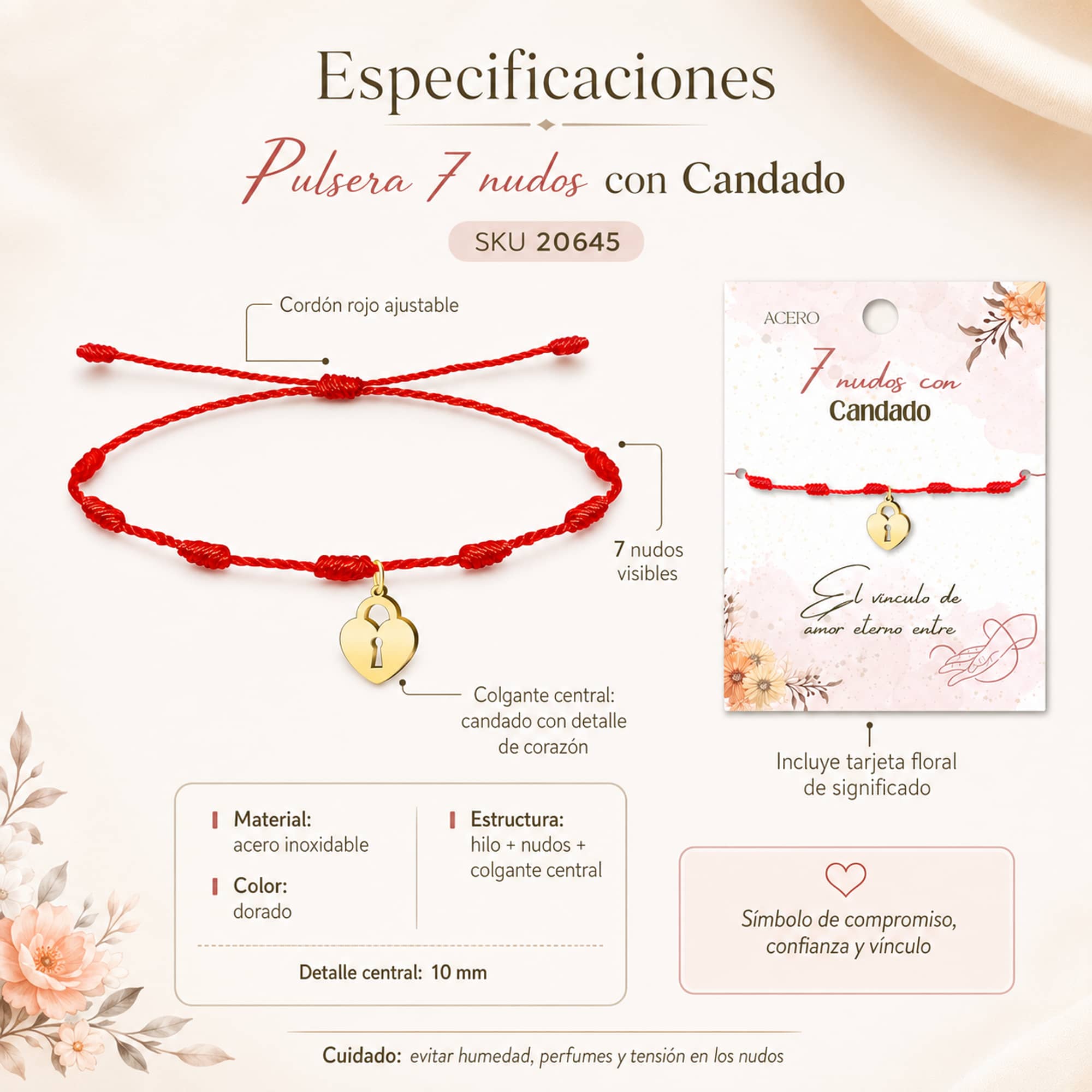 PULSERA 7 NUDOS CON CANDADO COLOR DORADO