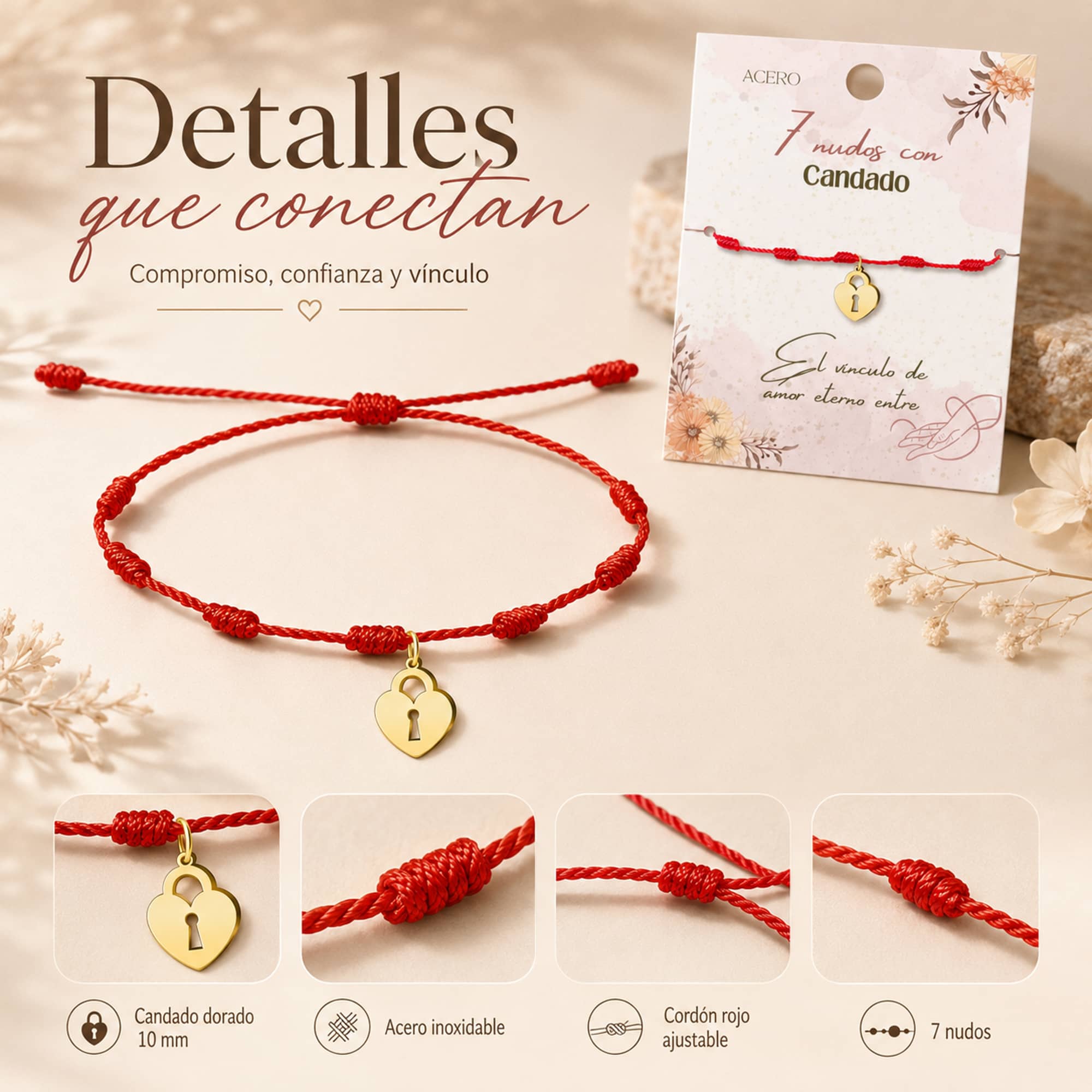PULSERA 7 NUDOS CON CANDADO COLOR DORADO