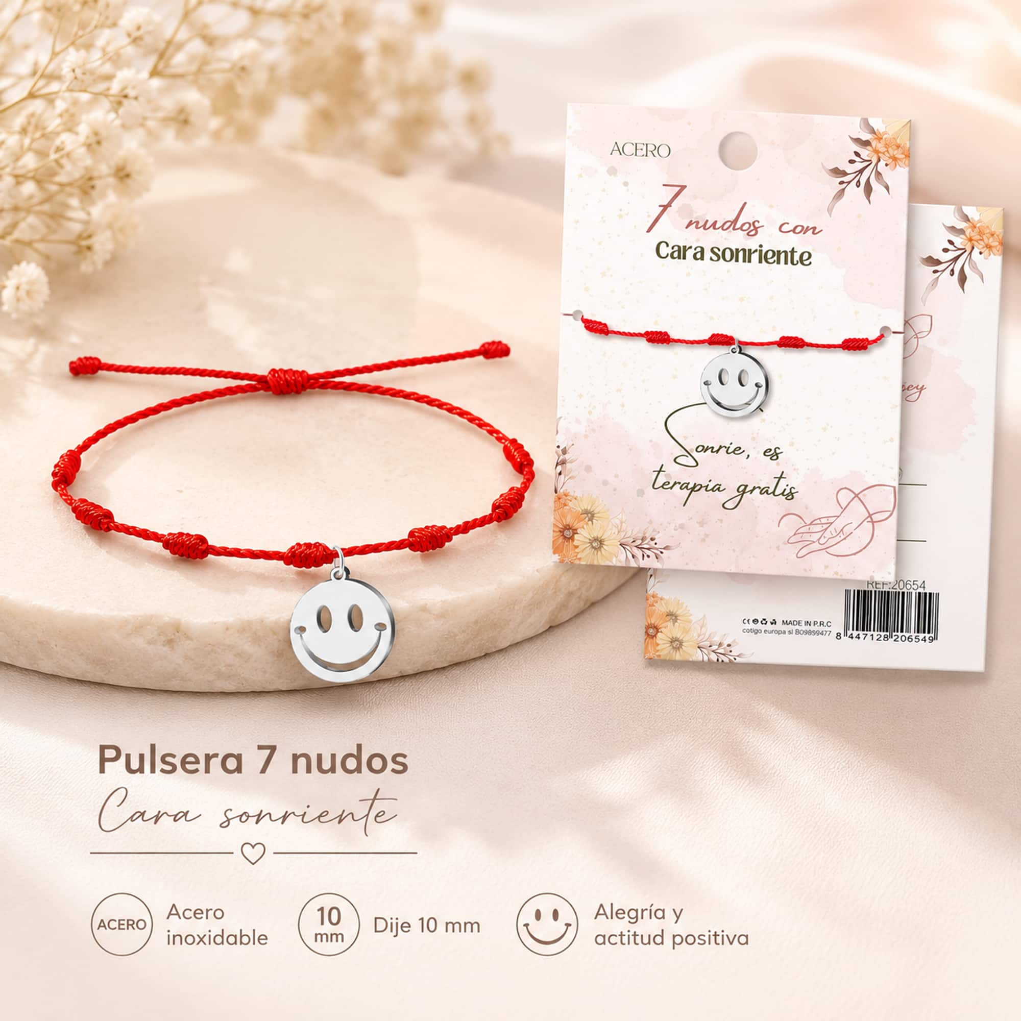 PULSERA 7 NUDOS CON CARA SONRIENTE COLOR PLATEADO