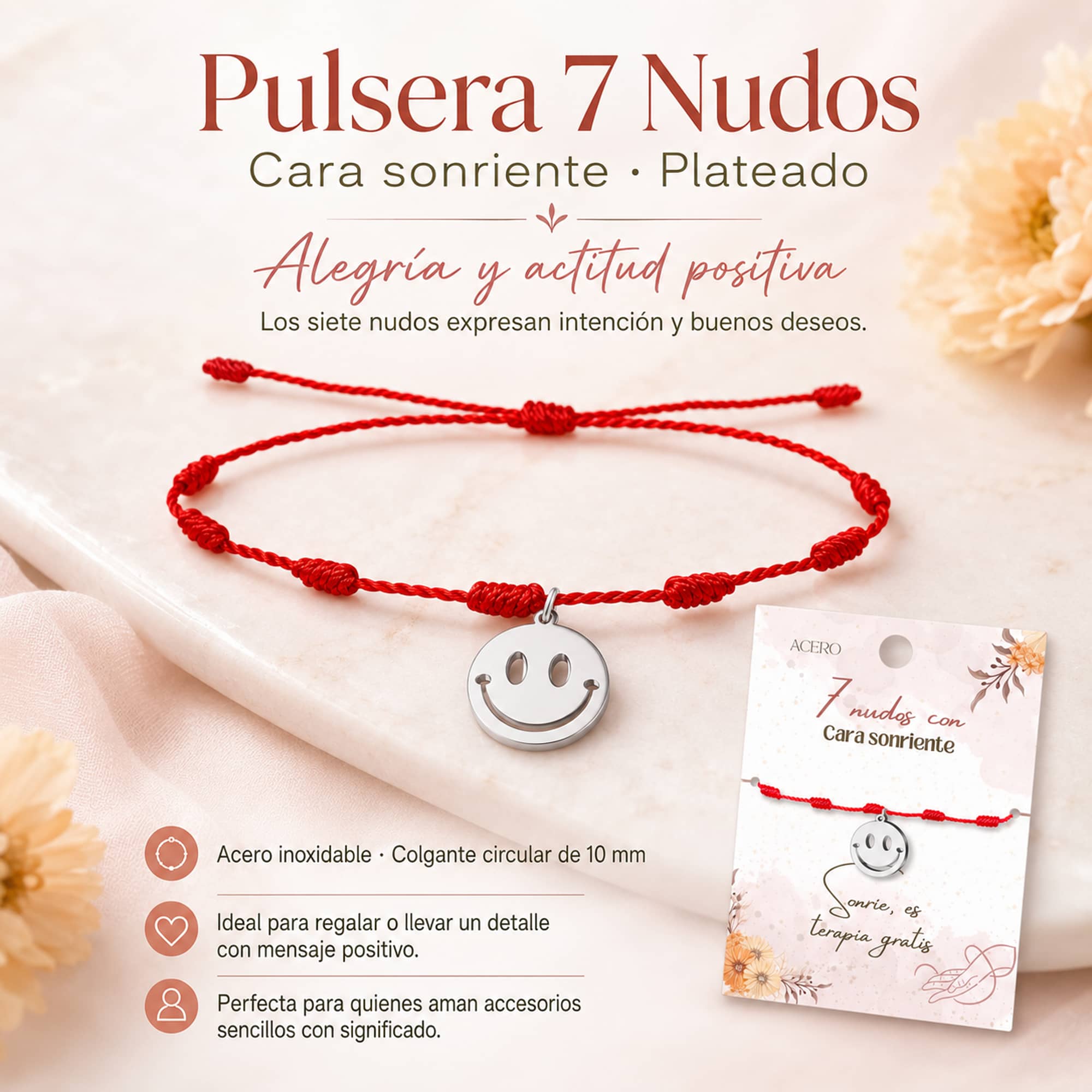 PULSERA 7 NUDOS CON CARA SONRIENTE COLOR PLATEADO