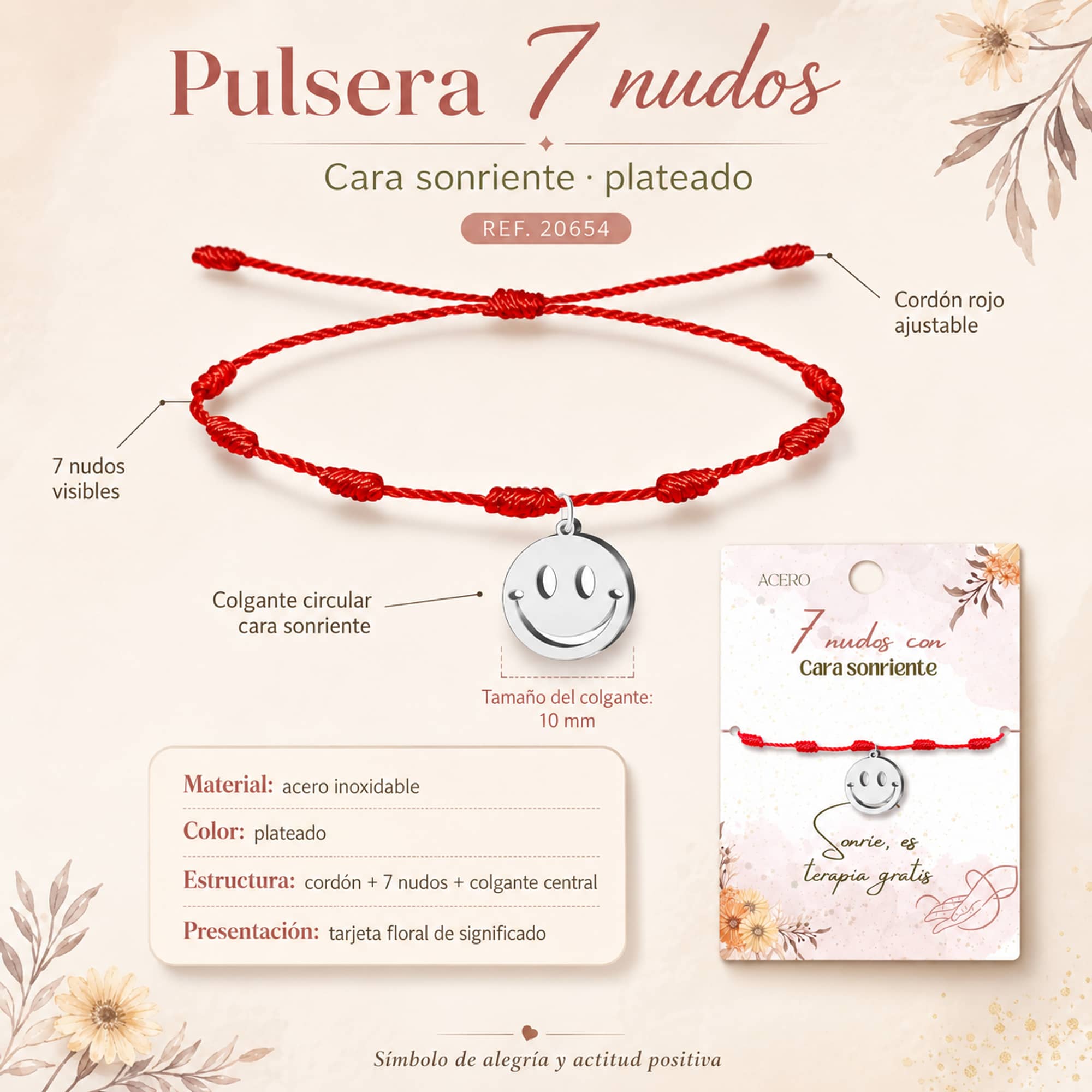 PULSERA 7 NUDOS CON CARA SONRIENTE COLOR PLATEADO