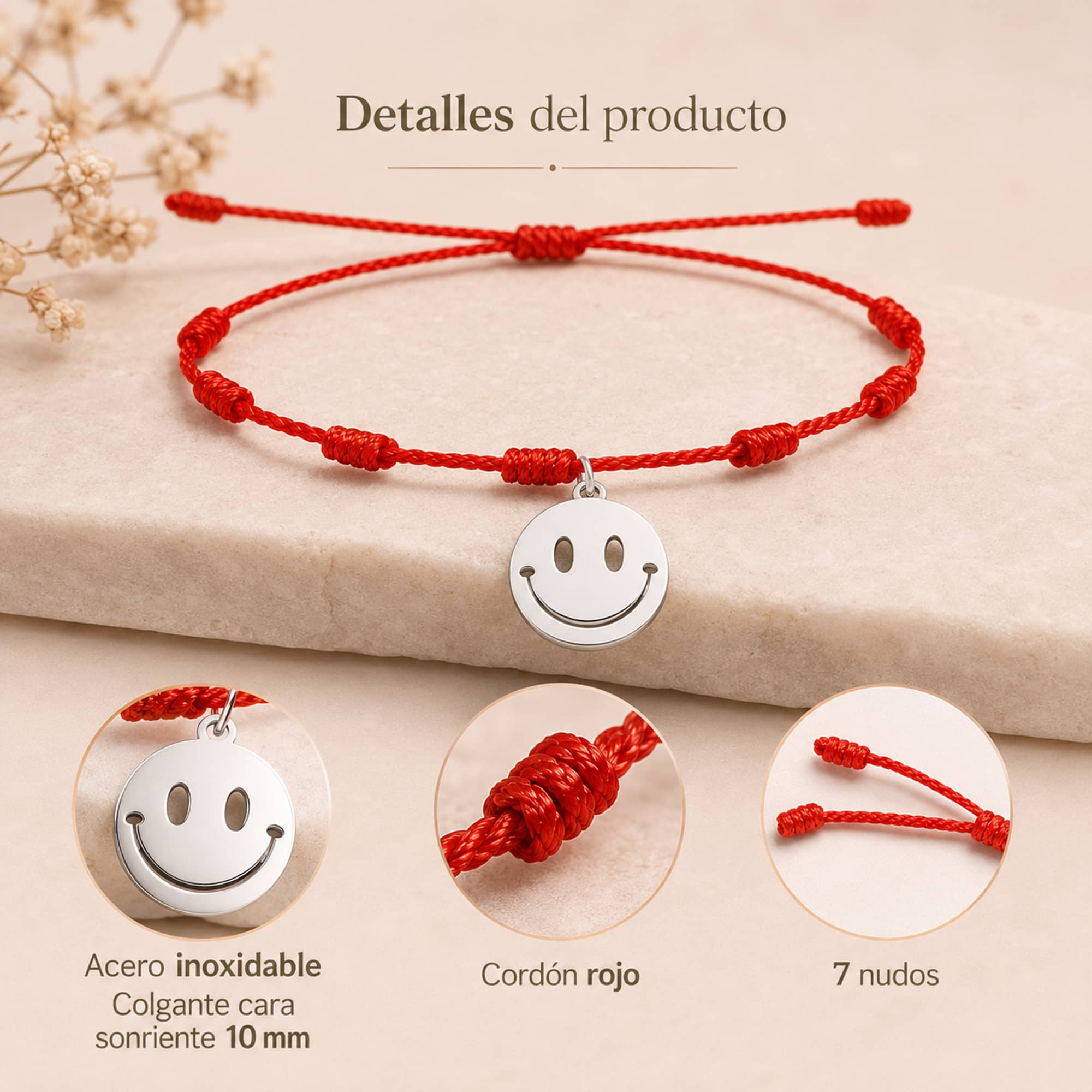 PULSERA 7 NUDOS CON CARA SONRIENTE COLOR PLATEADO