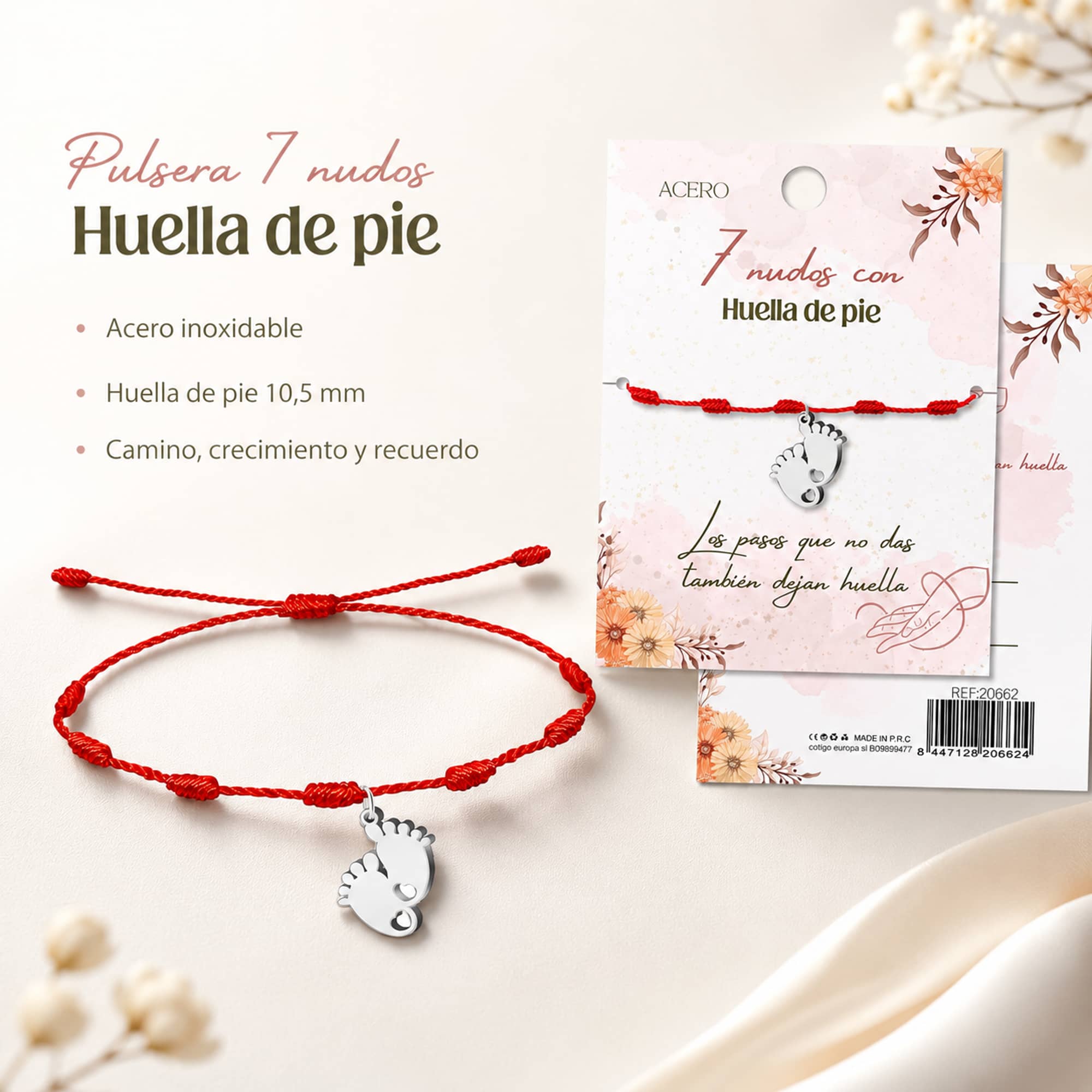 PULSERA 7 NUDOS CON HUELLA DE PIE COLOR PLATEADO