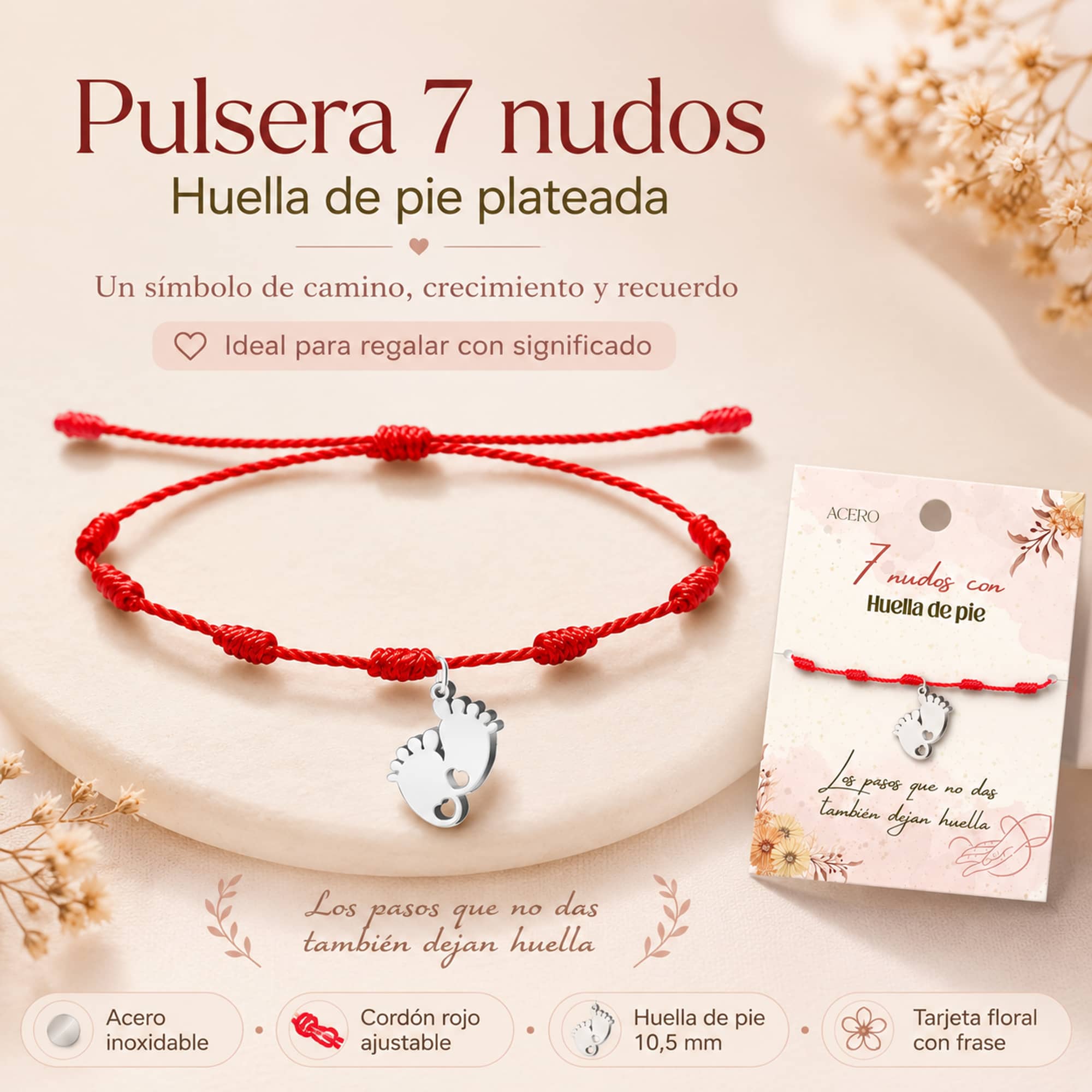 PULSERA 7 NUDOS CON HUELLA DE PIE COLOR PLATEADO