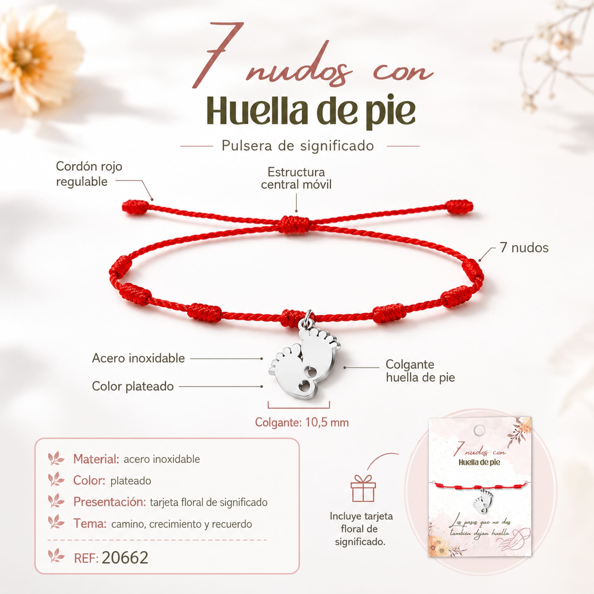 PULSERA 7 NUDOS CON HUELLA DE PIE COLOR PLATEADO