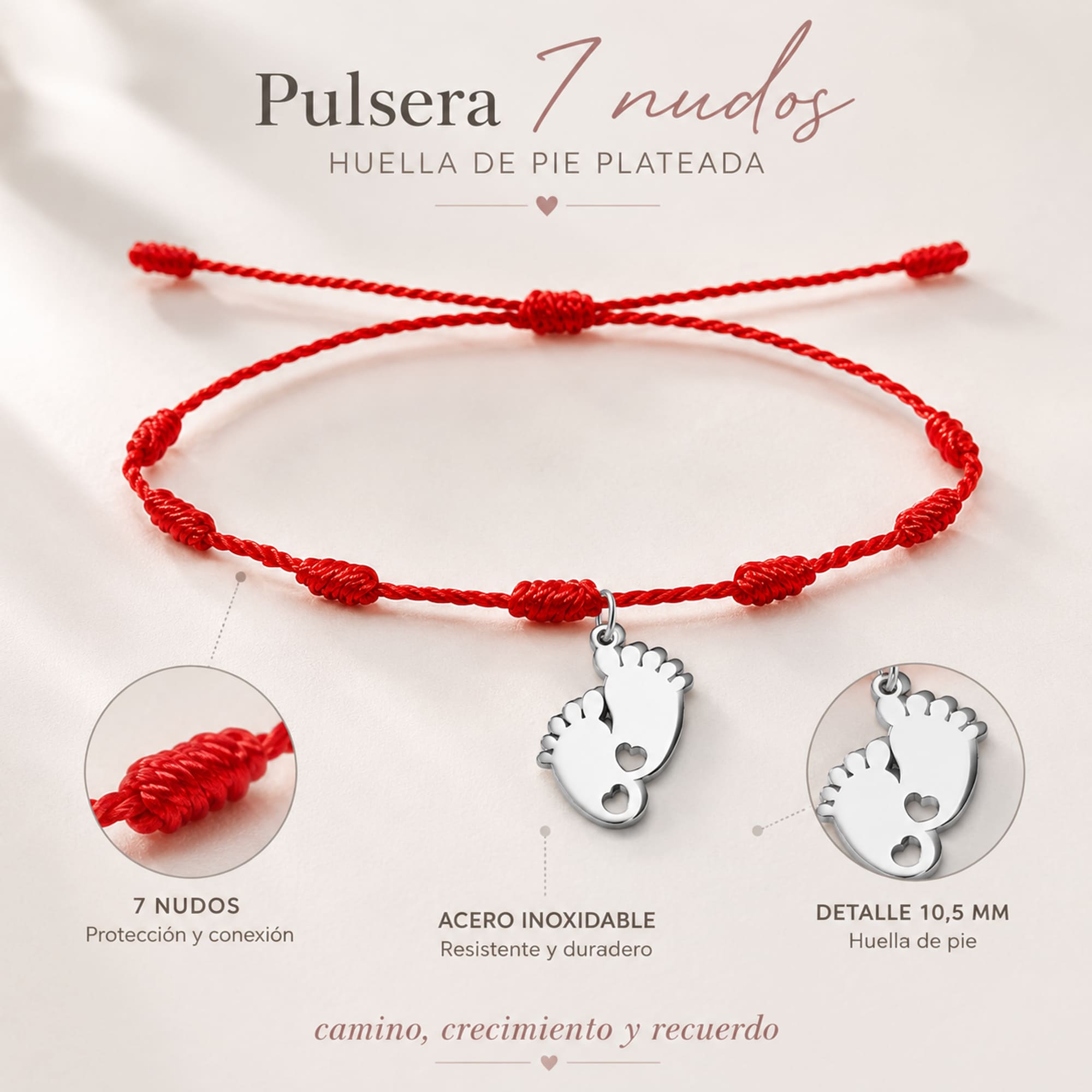 PULSERA 7 NUDOS CON HUELLA DE PIE COLOR PLATEADO