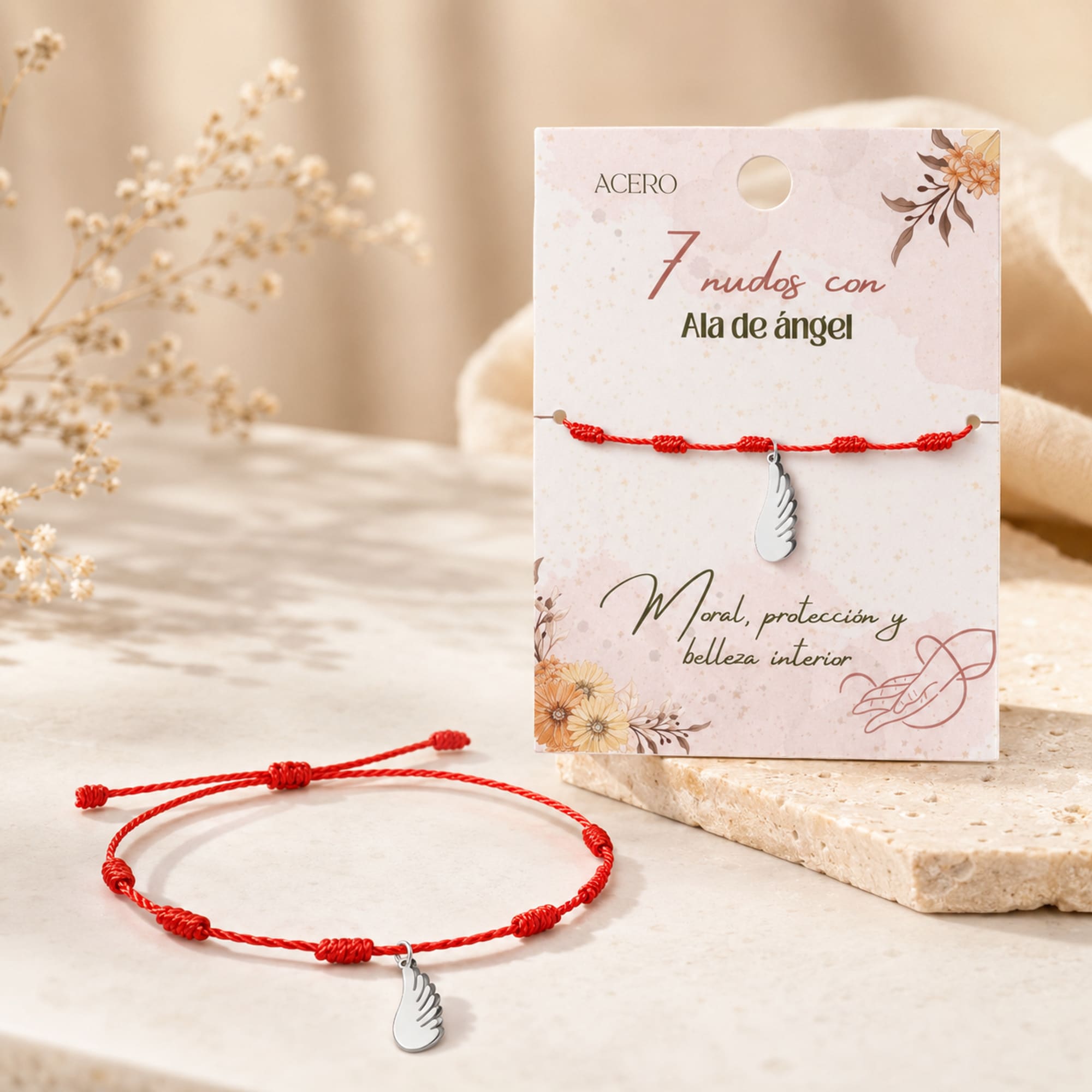 PULSERA 7 NUDOS CON ALA DE ANGEL COLOR PLATEADO