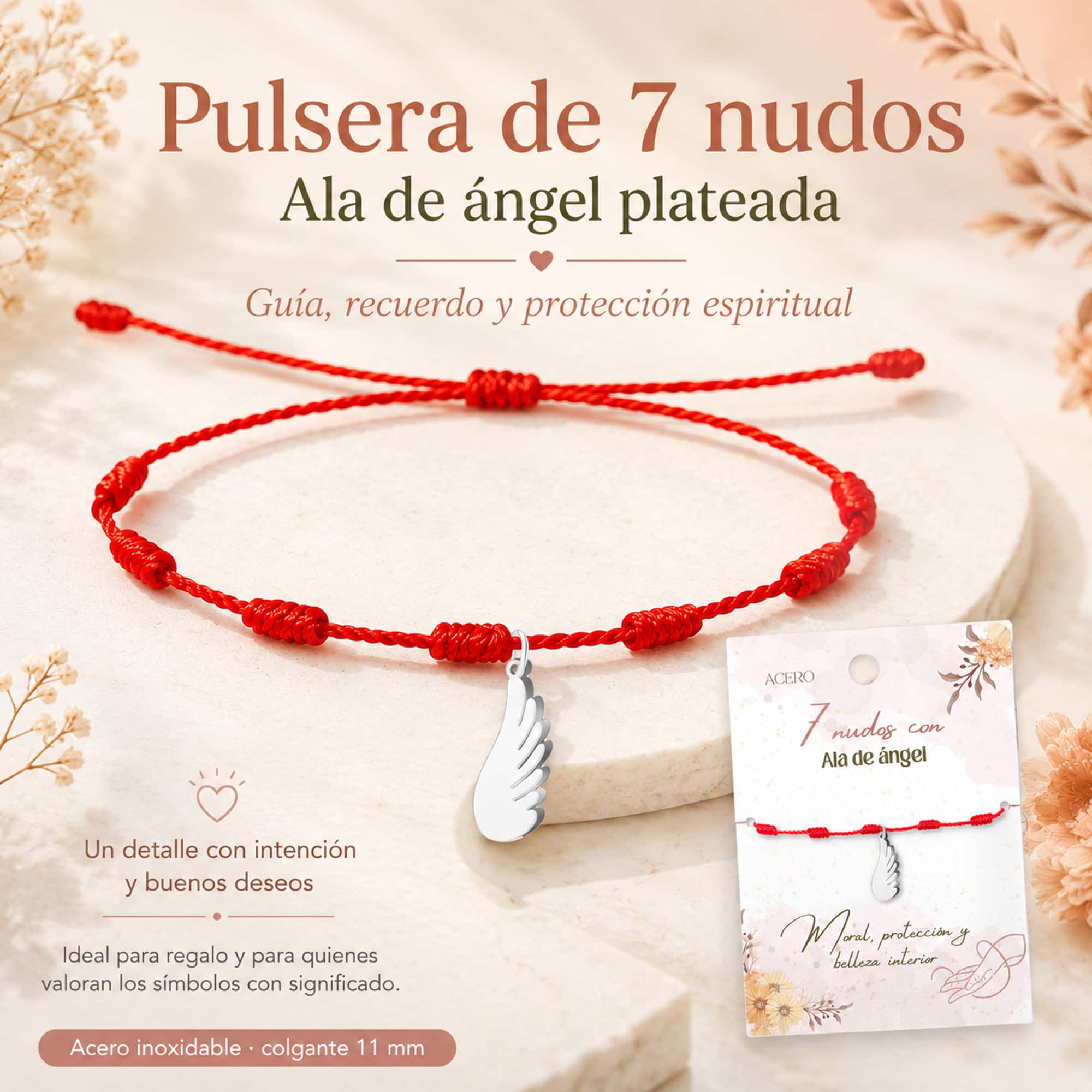 PULSERA 7 NUDOS CON ALA DE ANGEL COLOR PLATEADO