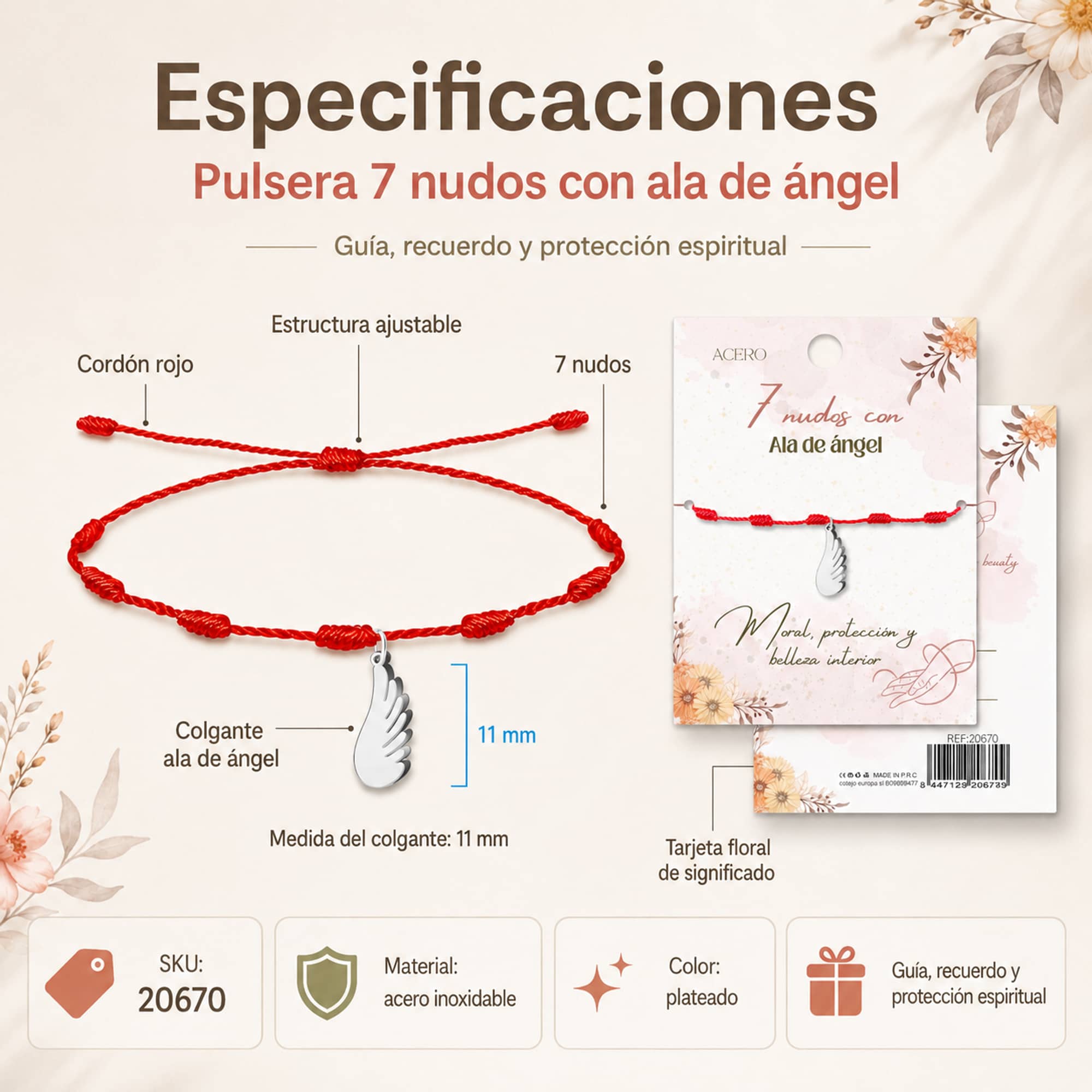 PULSERA 7 NUDOS CON ALA DE ANGEL COLOR PLATEADO