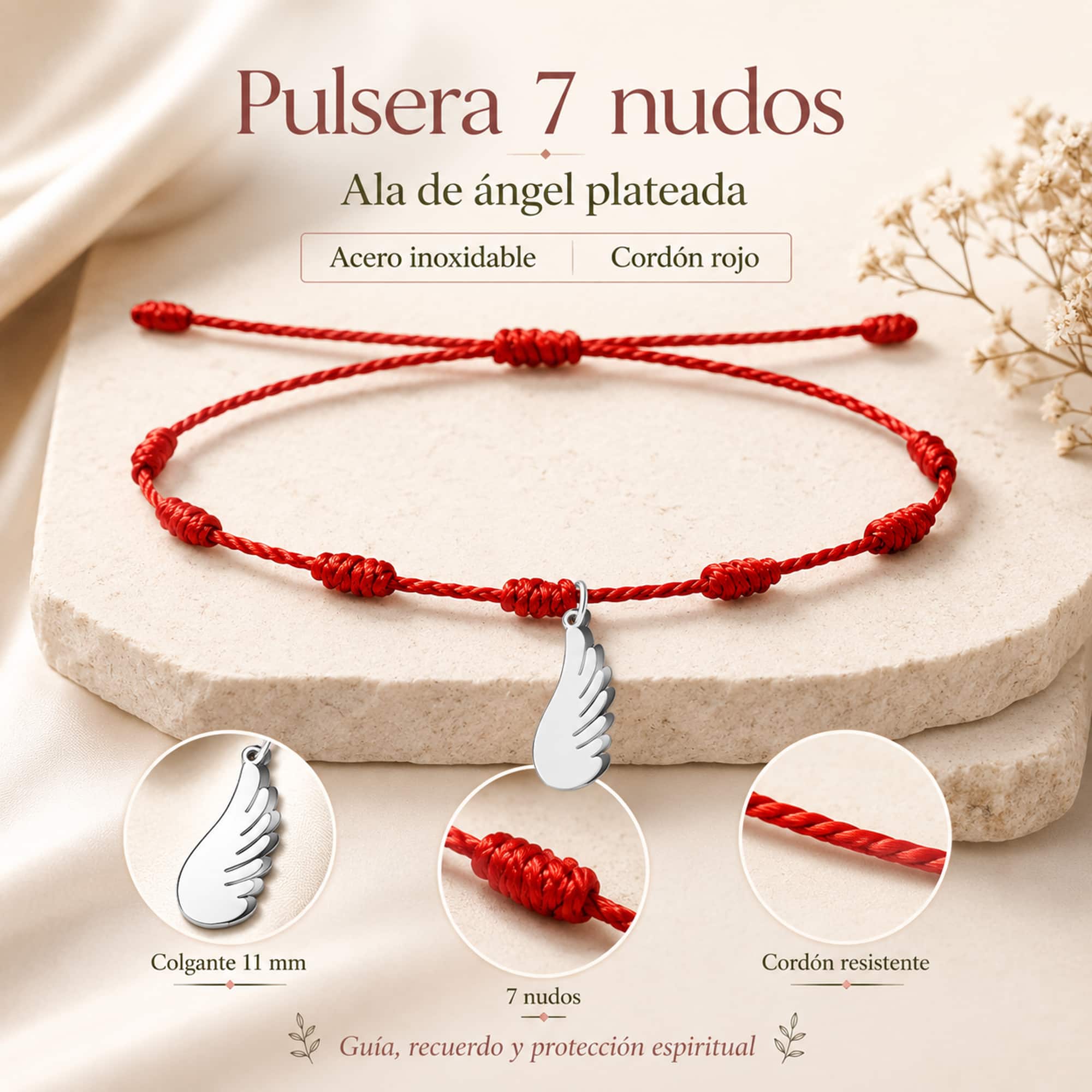 PULSERA 7 NUDOS CON ALA DE ANGEL COLOR PLATEADO