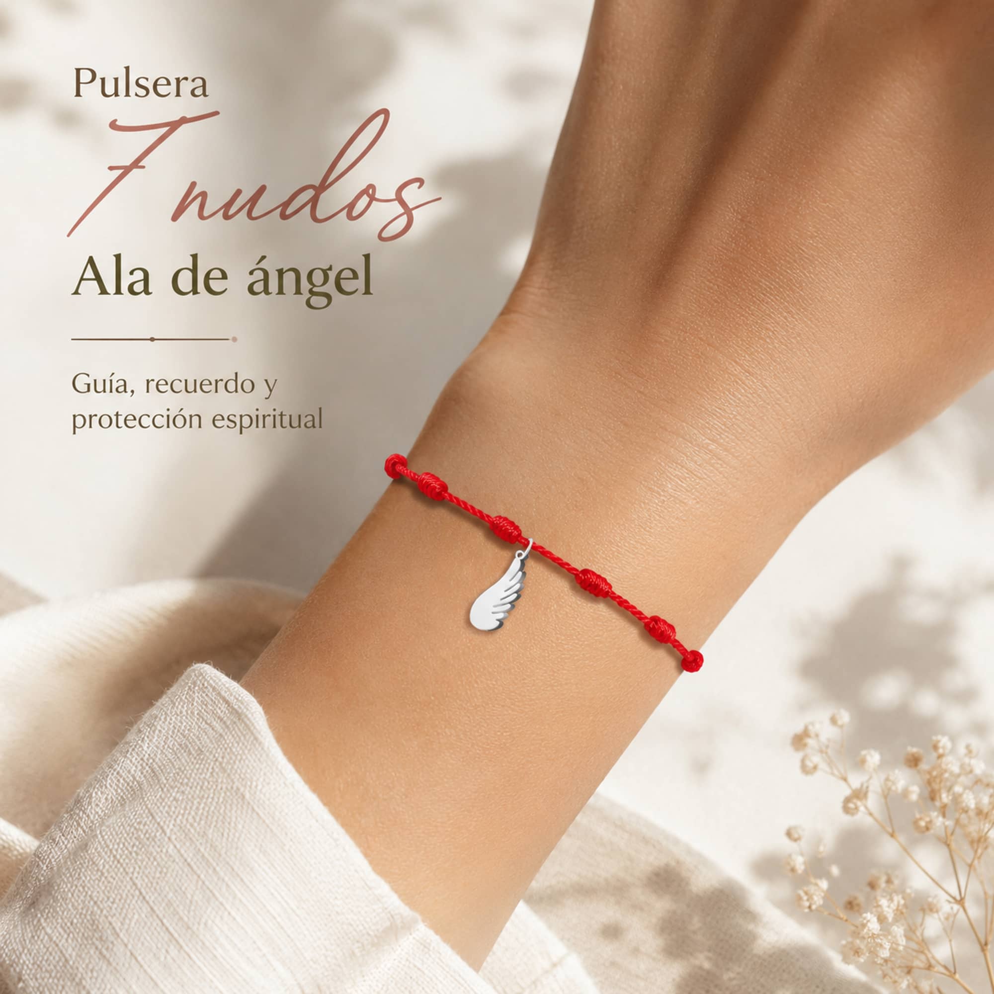 PULSERA 7 NUDOS CON ALA DE ANGEL COLOR PLATEADO
