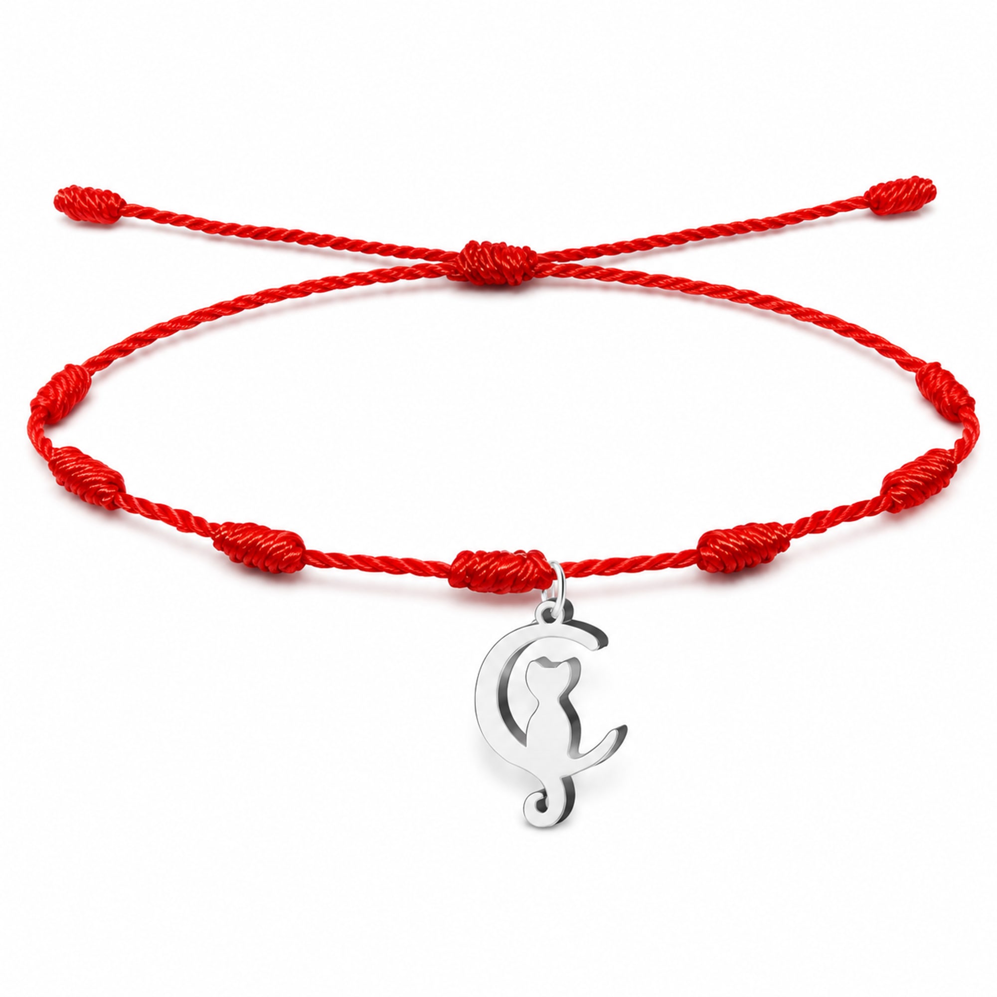 PULSERA 7 NUDOS CON GATO COLOR PLATEADO