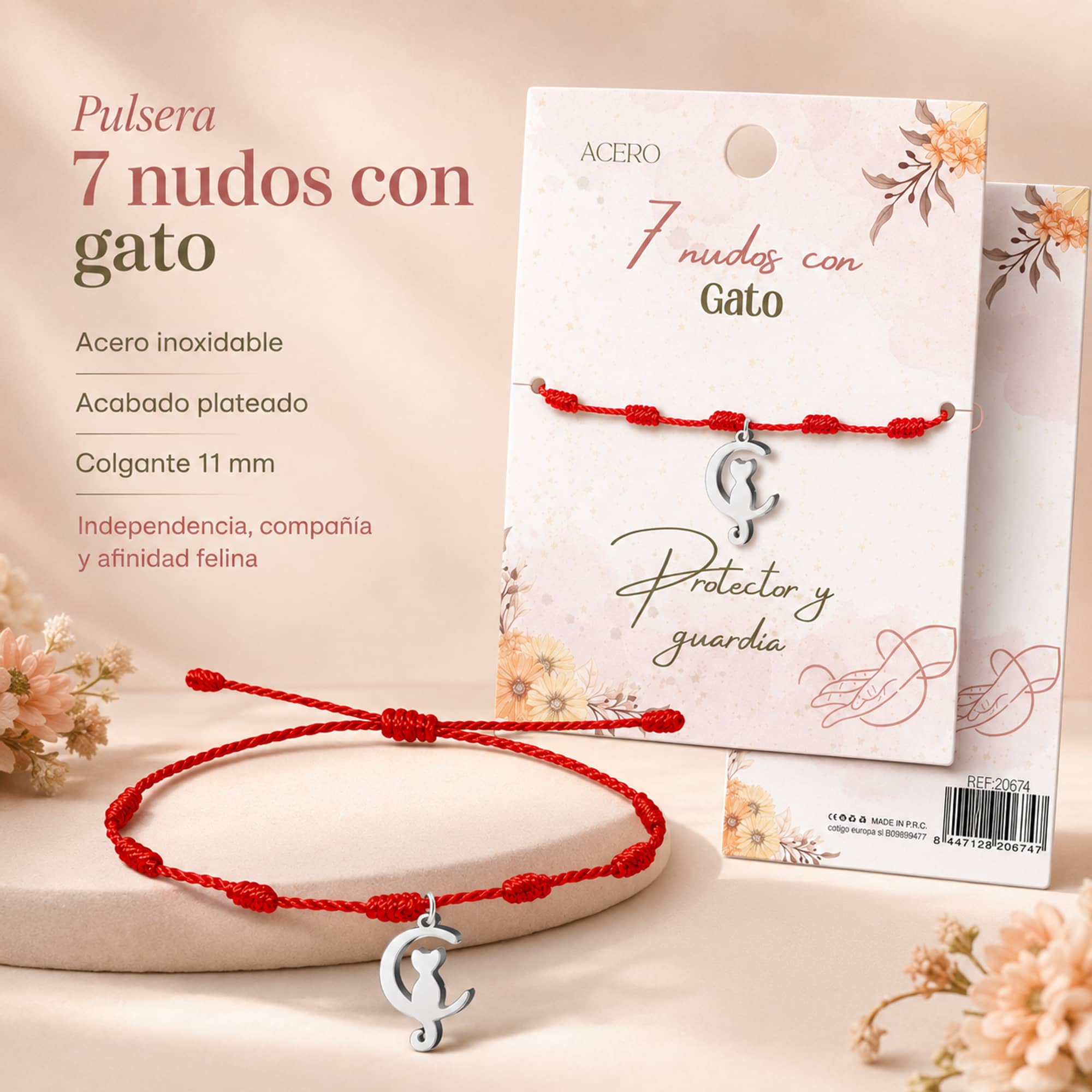 PULSERA 7 NUDOS CON GATO COLOR PLATEADO