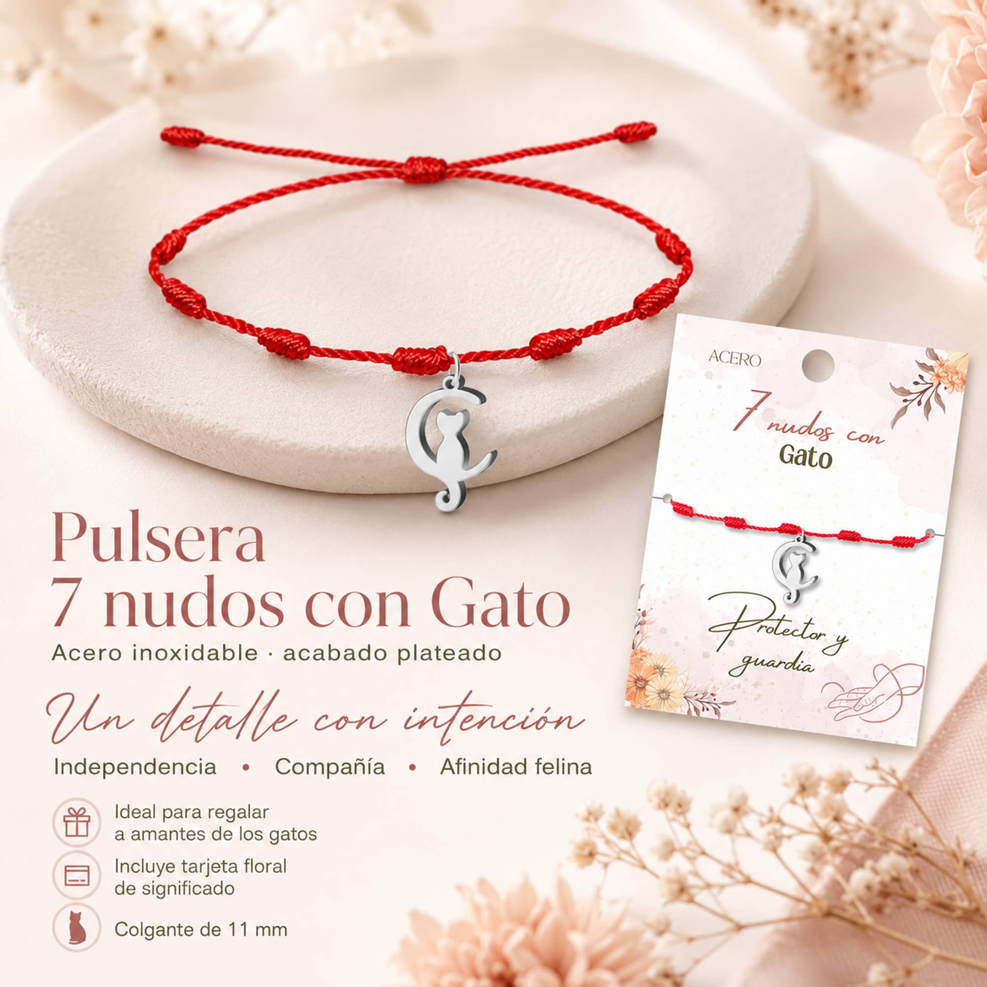PULSERA 7 NUDOS CON GATO COLOR PLATEADO