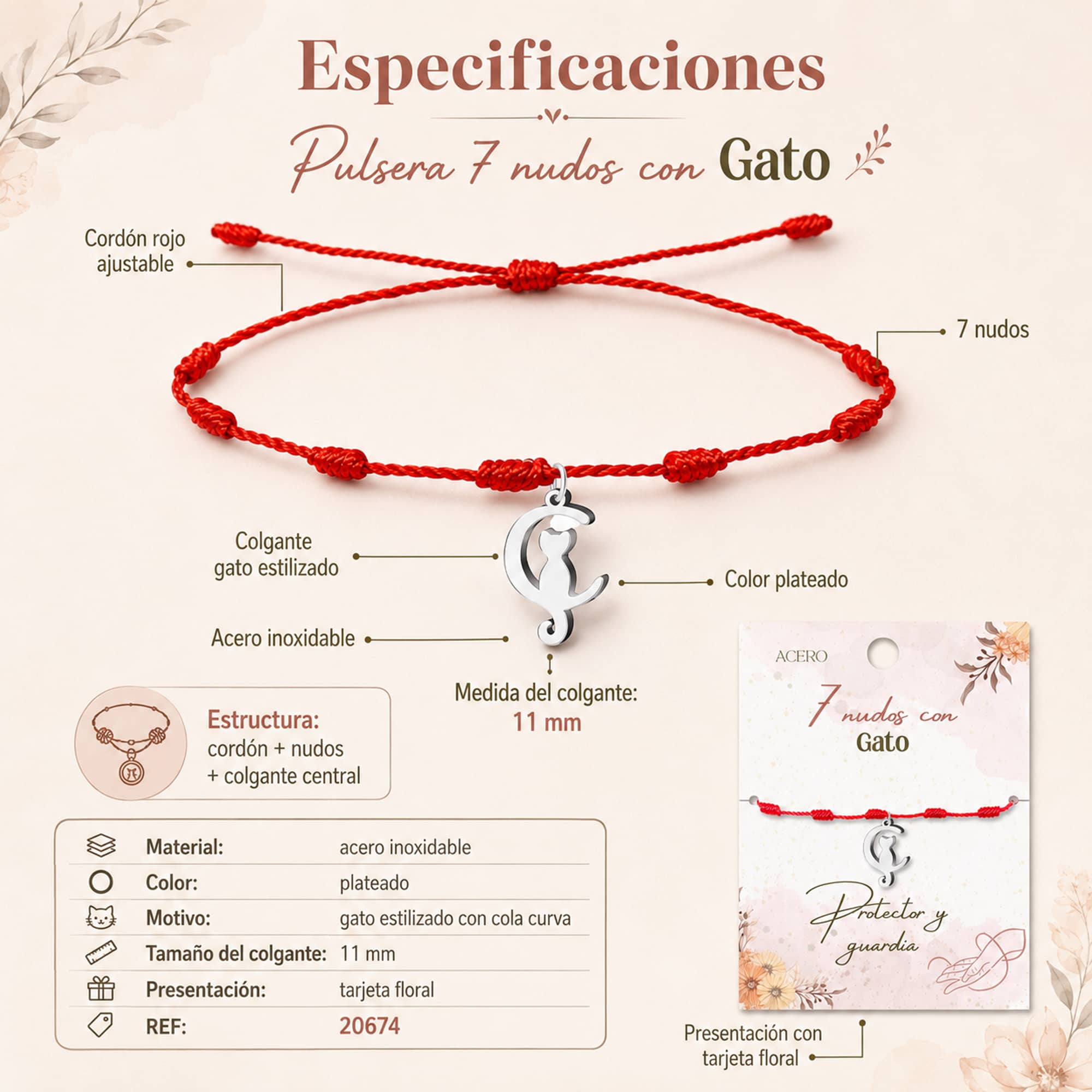 PULSERA 7 NUDOS CON GATO COLOR PLATEADO