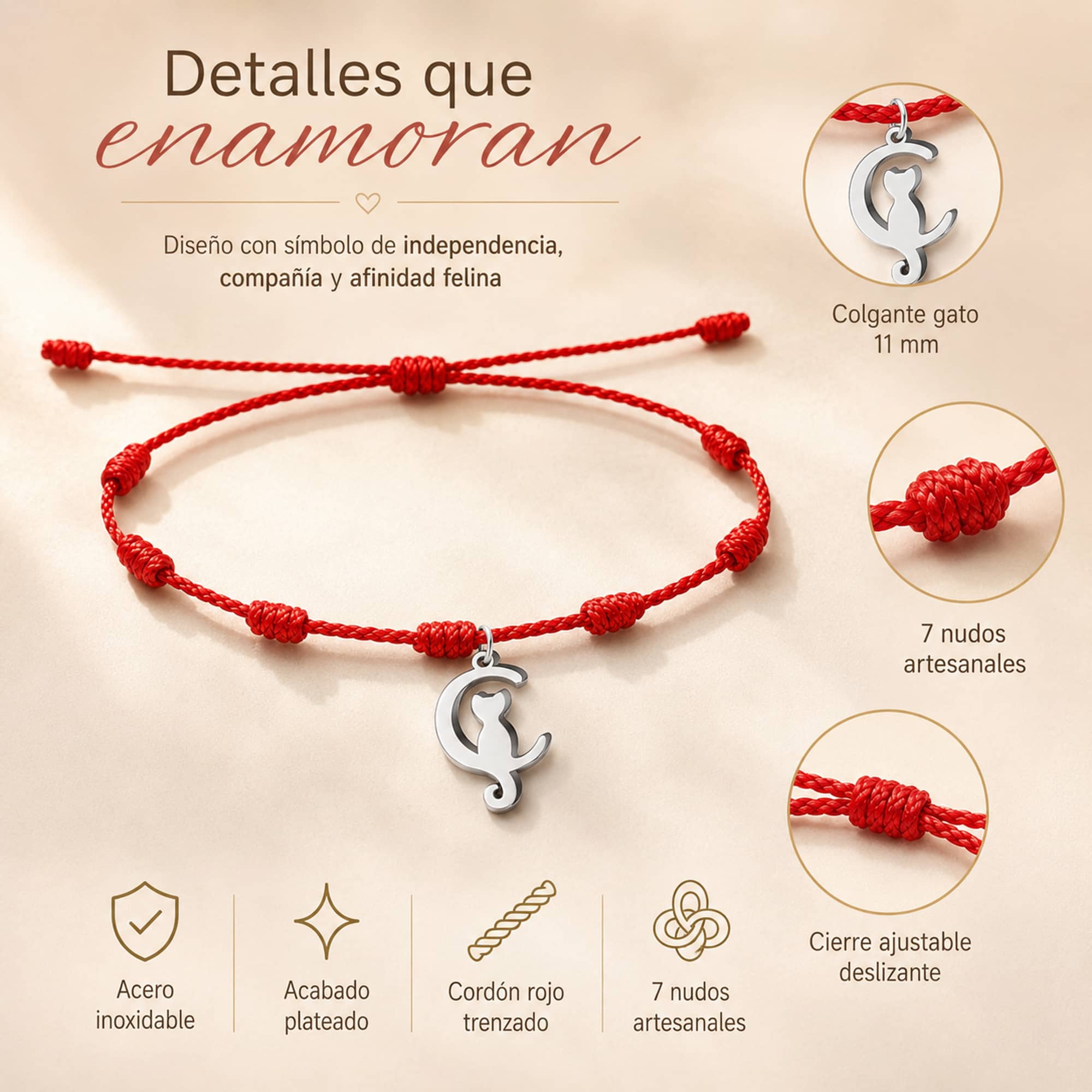 PULSERA 7 NUDOS CON GATO COLOR PLATEADO
