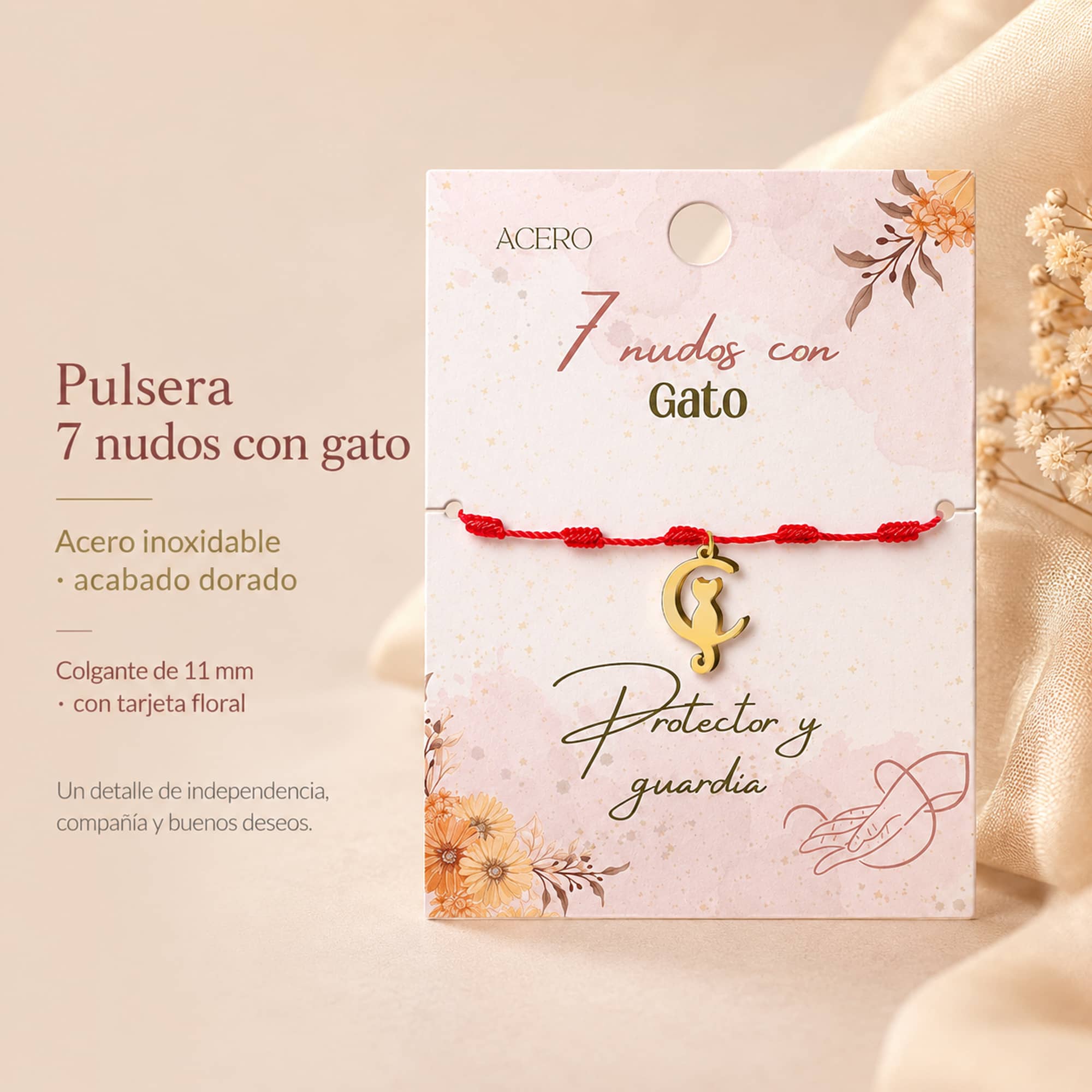 PULSERA 7 NUDOS CON GATO COLOR DORADO