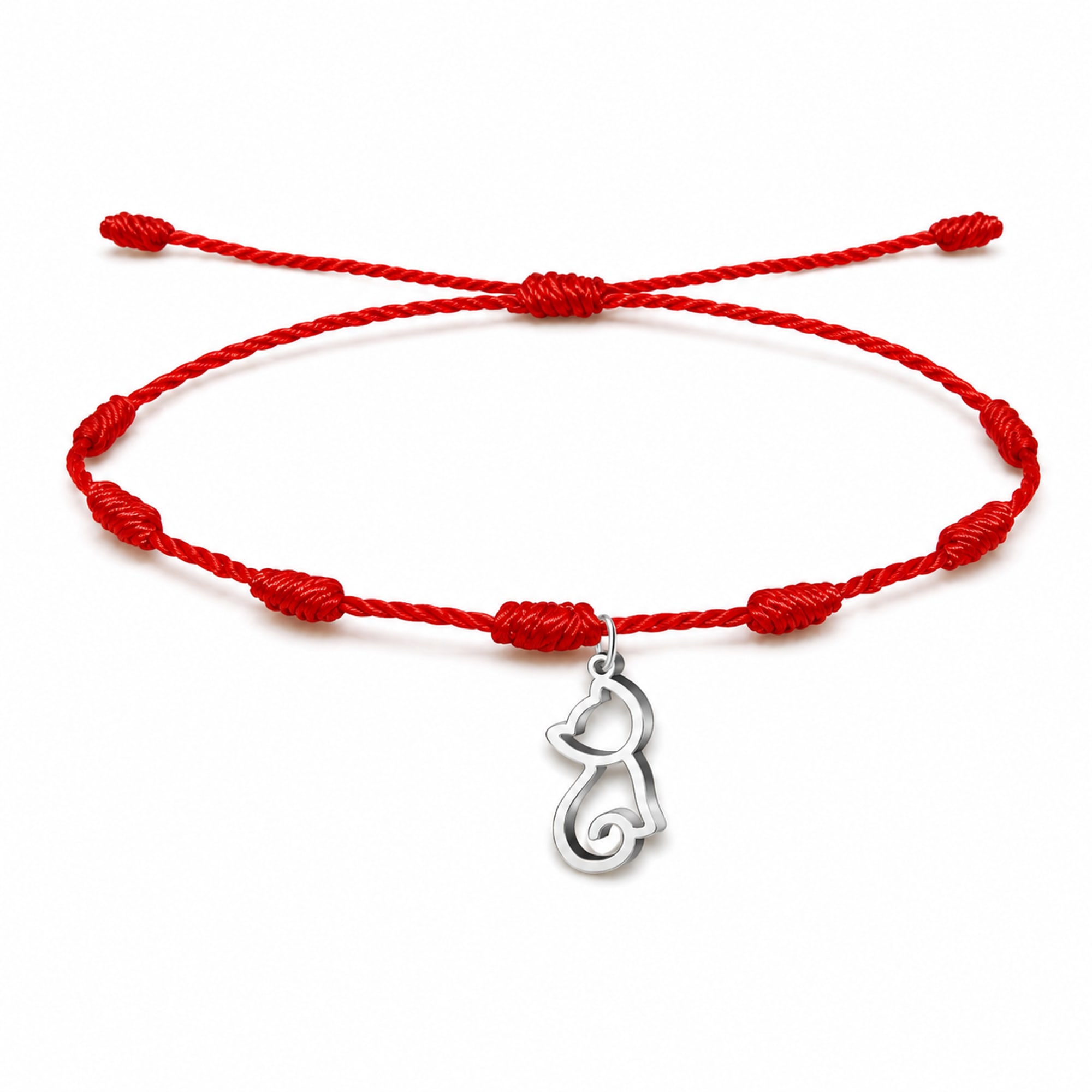 PULSERA 7 NUDOS CON GATO COLOR PLATEADO