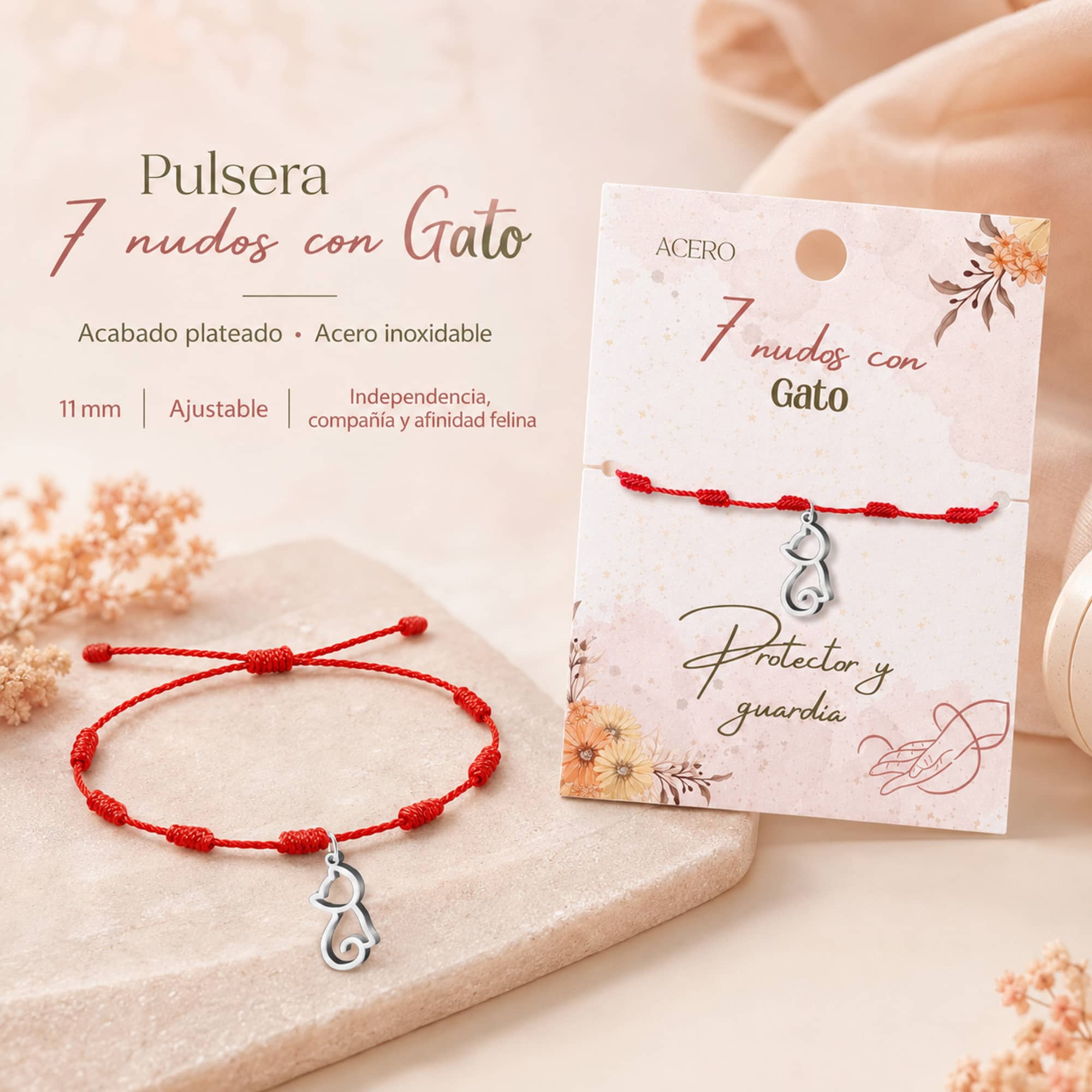 PULSERA 7 NUDOS CON GATO COLOR PLATEADO