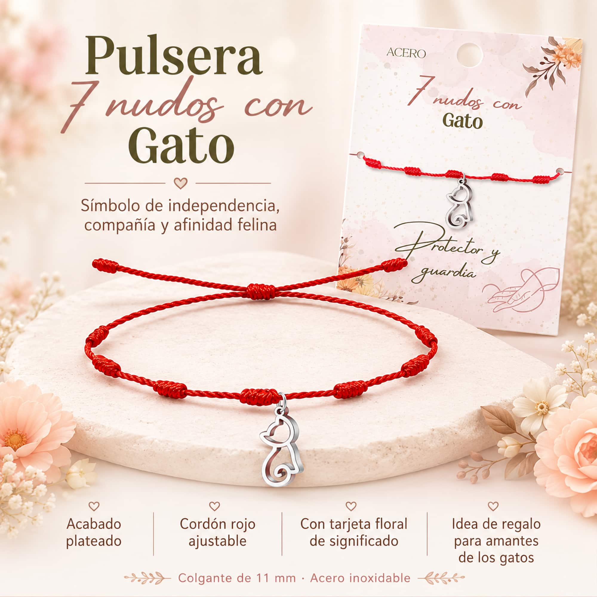 PULSERA 7 NUDOS CON GATO COLOR PLATEADO