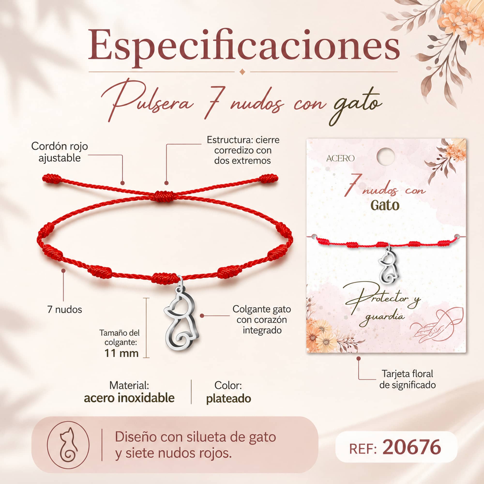 PULSERA 7 NUDOS CON GATO COLOR PLATEADO