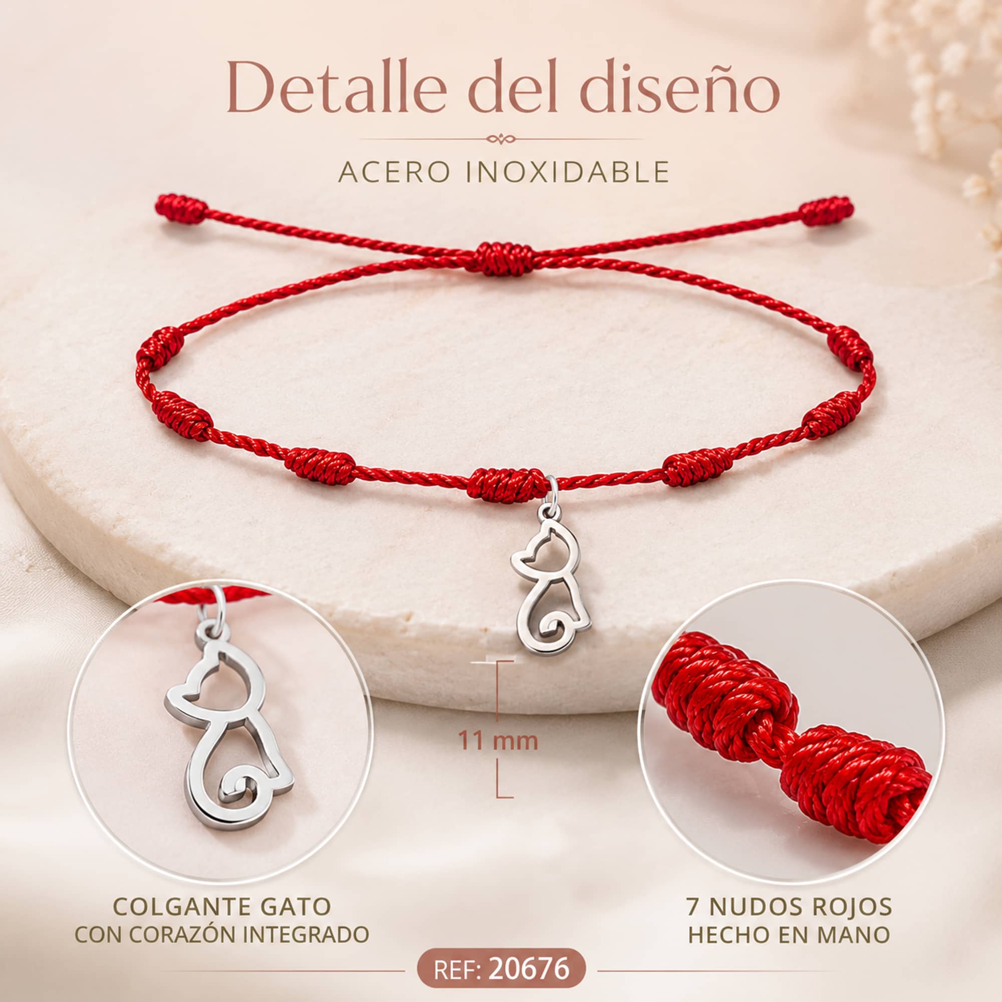 PULSERA 7 NUDOS CON GATO COLOR PLATEADO