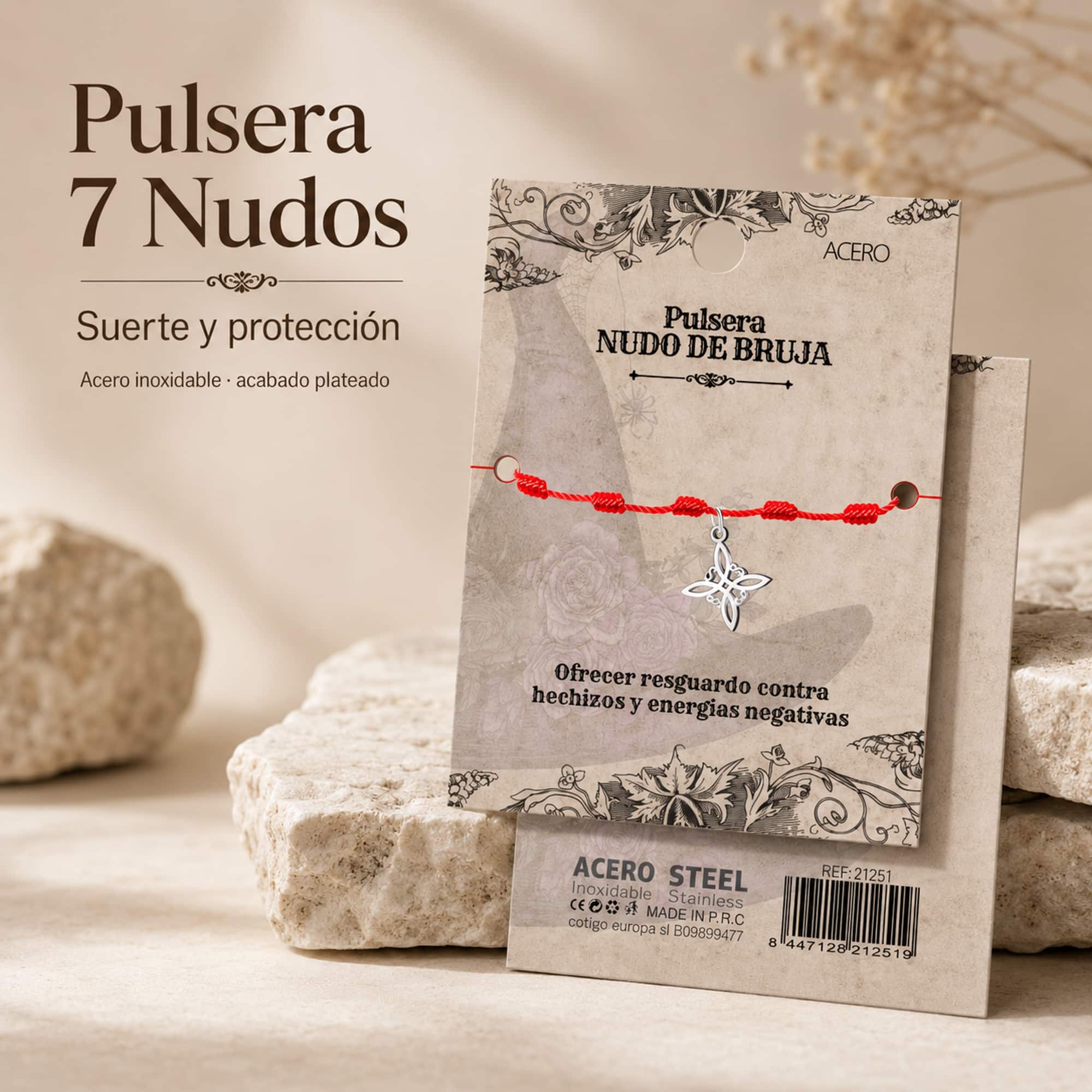 PULSERA 7 NUDOS CON NUDO DE BRUJA ACERO PLATEADO