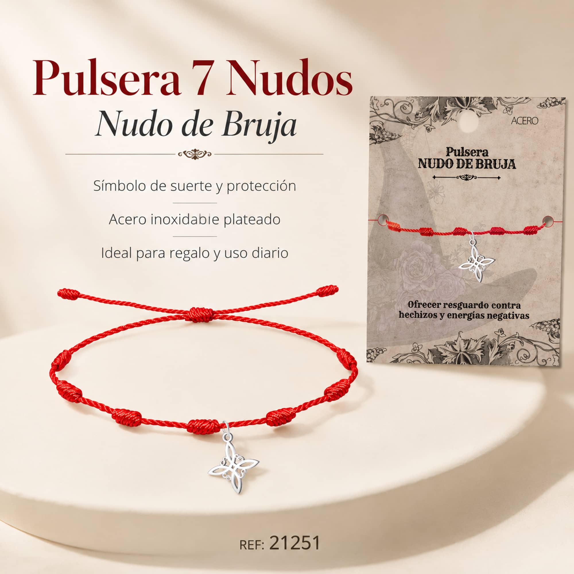 PULSERA 7 NUDOS CON NUDO DE BRUJA ACERO PLATEADO