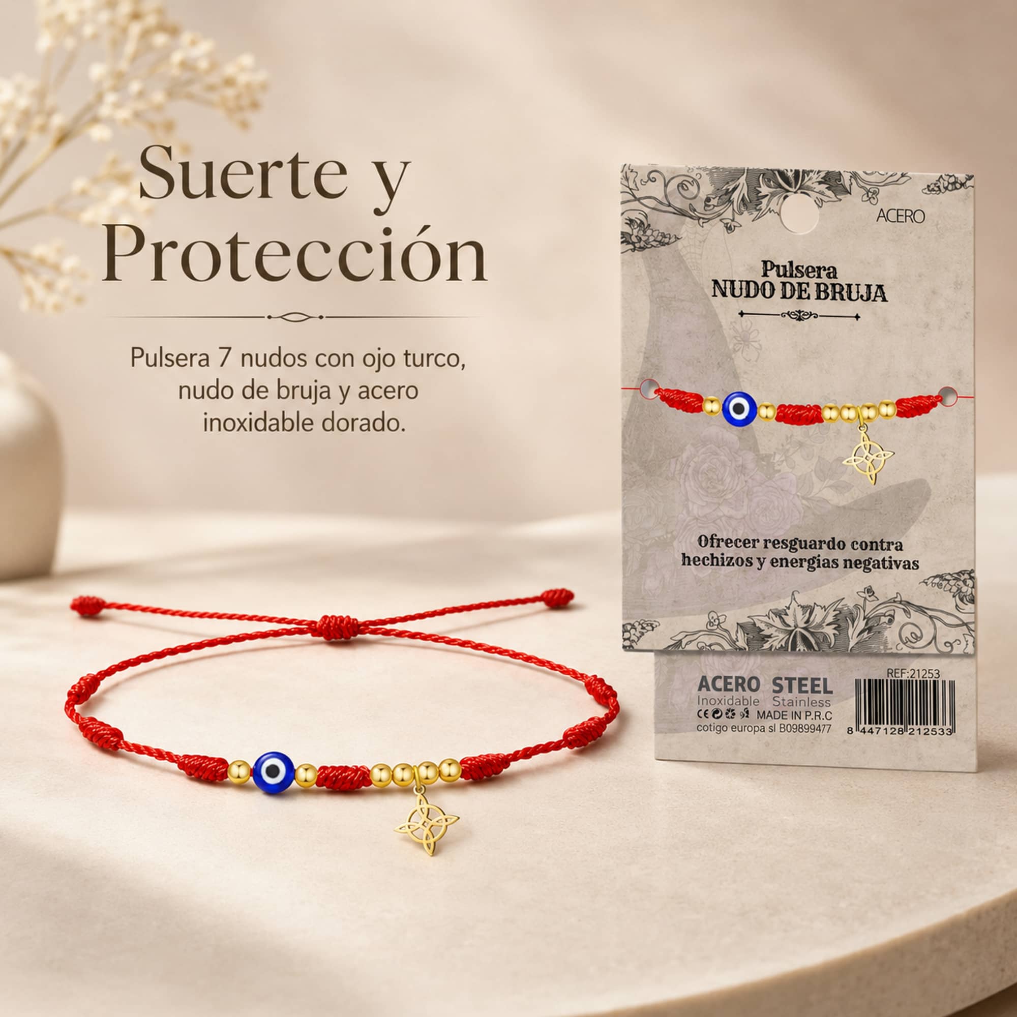 PULSERA 7 NUDOS CON OJO DE TURCO Y NUDO DE BRUJA ACERO DORADO