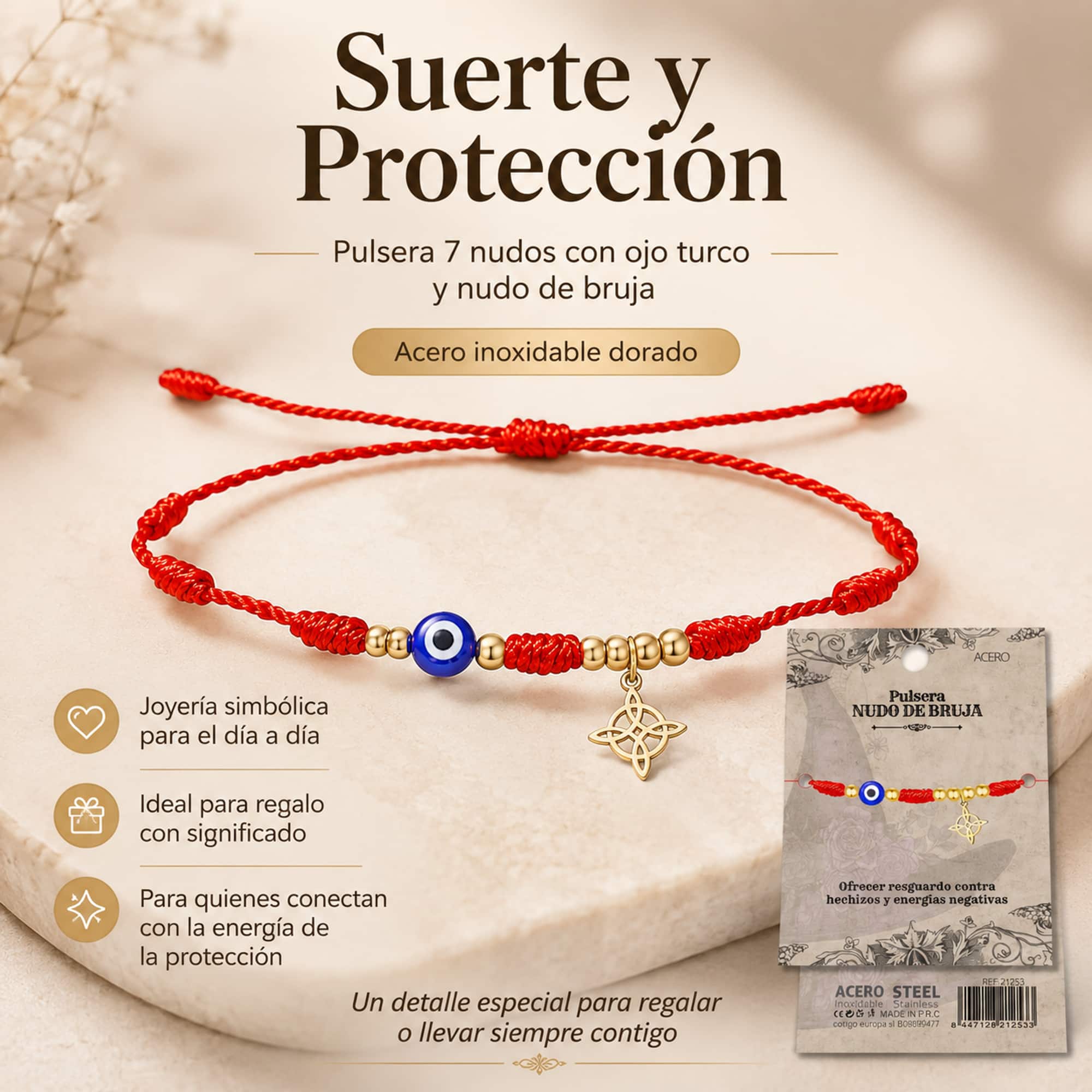 PULSERA 7 NUDOS CON OJO DE TURCO Y NUDO DE BRUJA ACERO DORADO