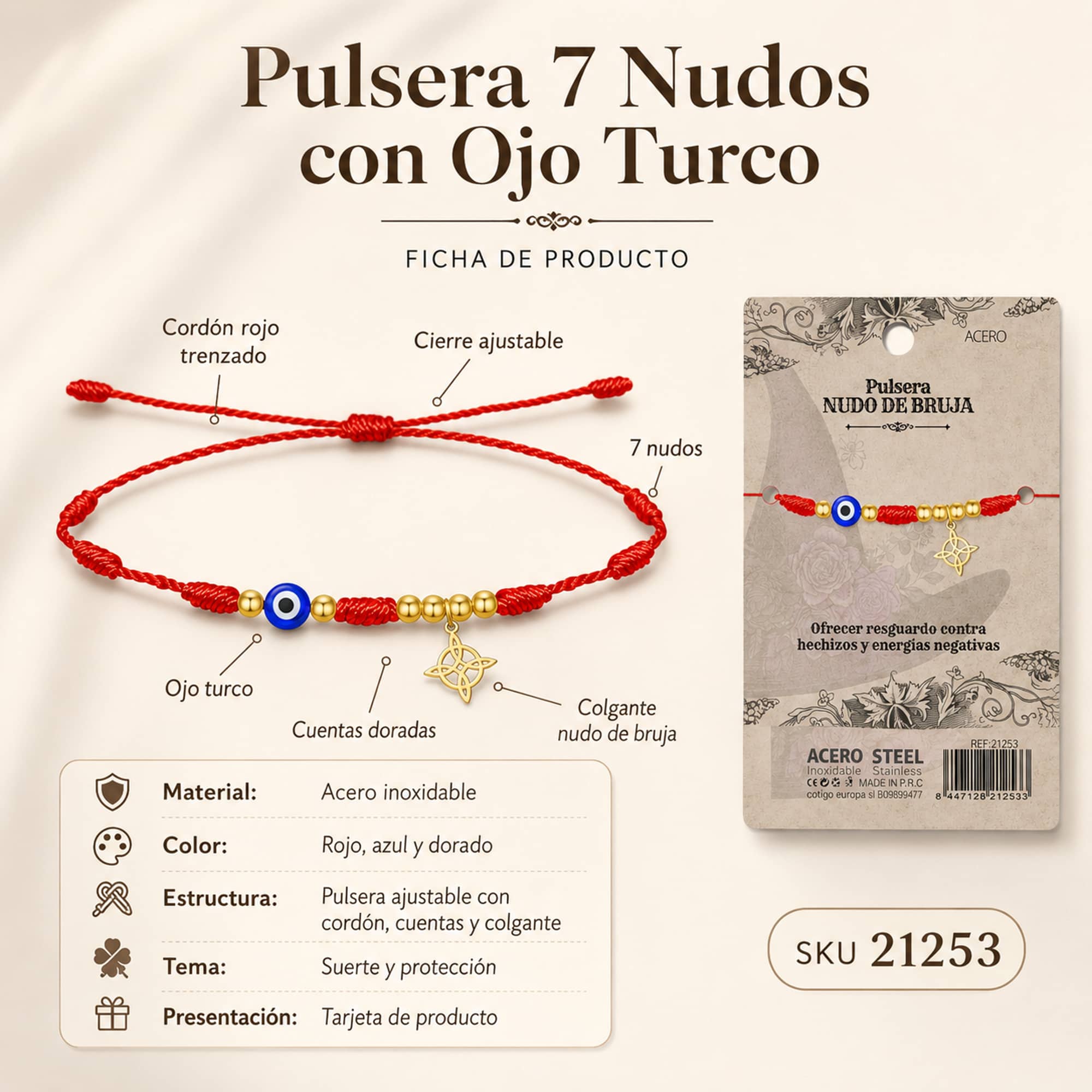 PULSERA 7 NUDOS CON OJO DE TURCO Y NUDO DE BRUJA ACERO DORADO