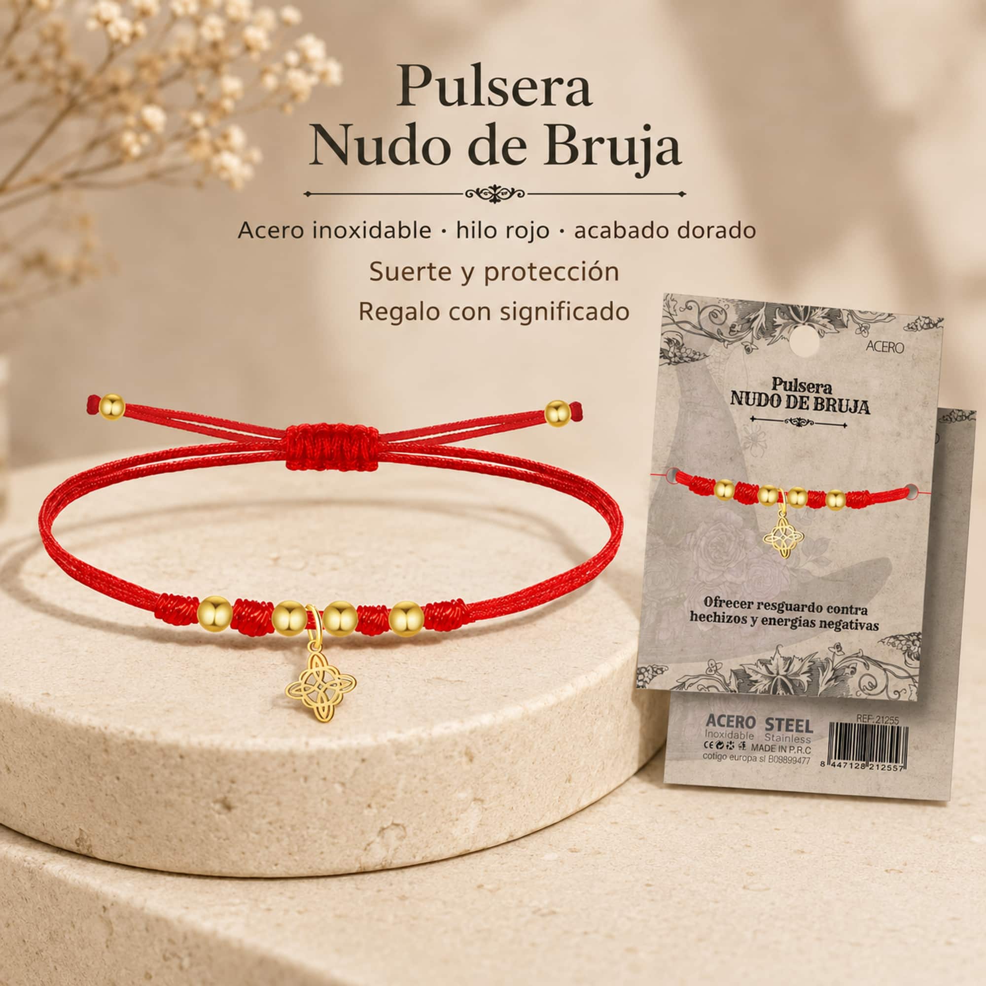 PULSERA HILO ENCERADO CON NUDO DE BRUJA ACERO DORADO