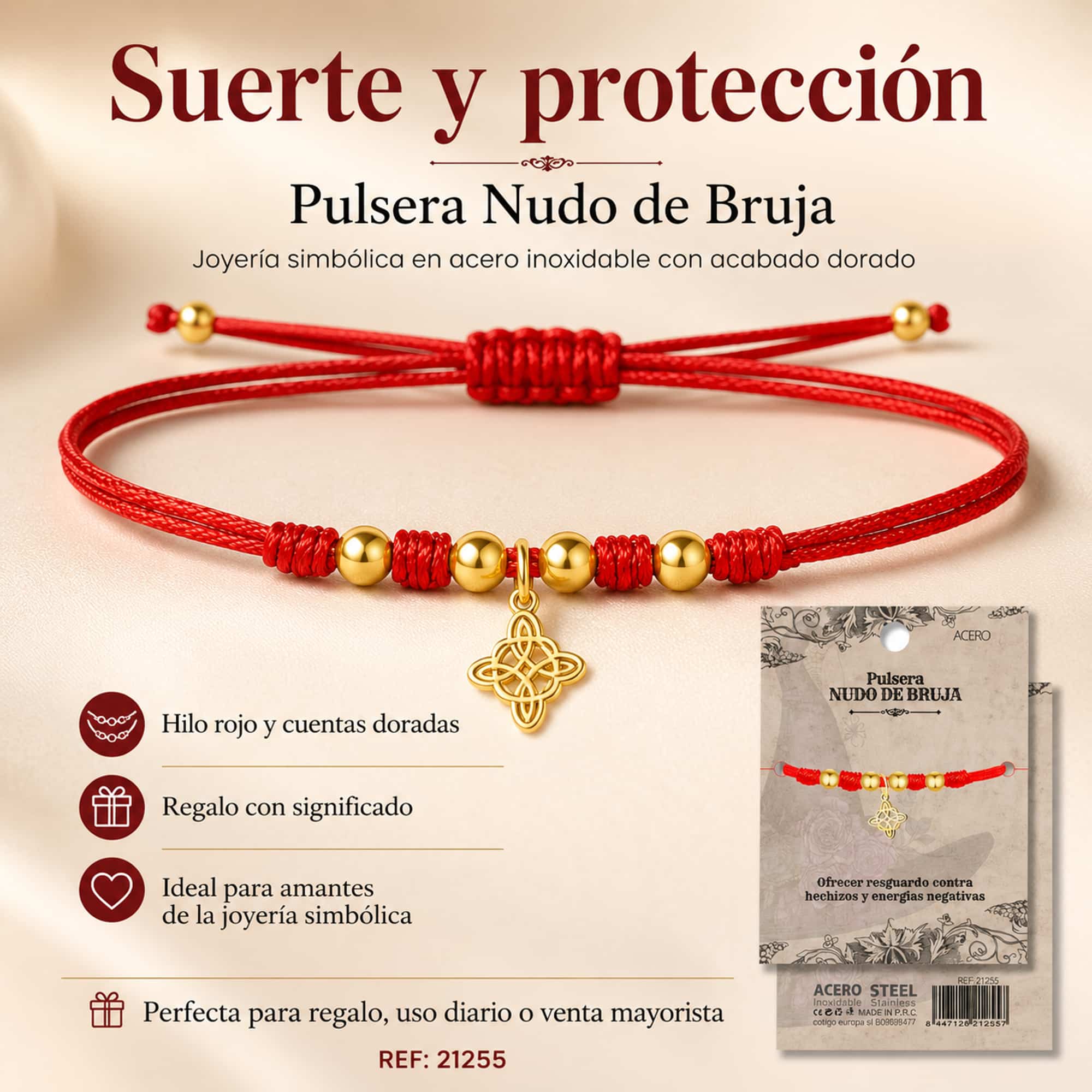 PULSERA HILO ENCERADO CON NUDO DE BRUJA ACERO DORADO