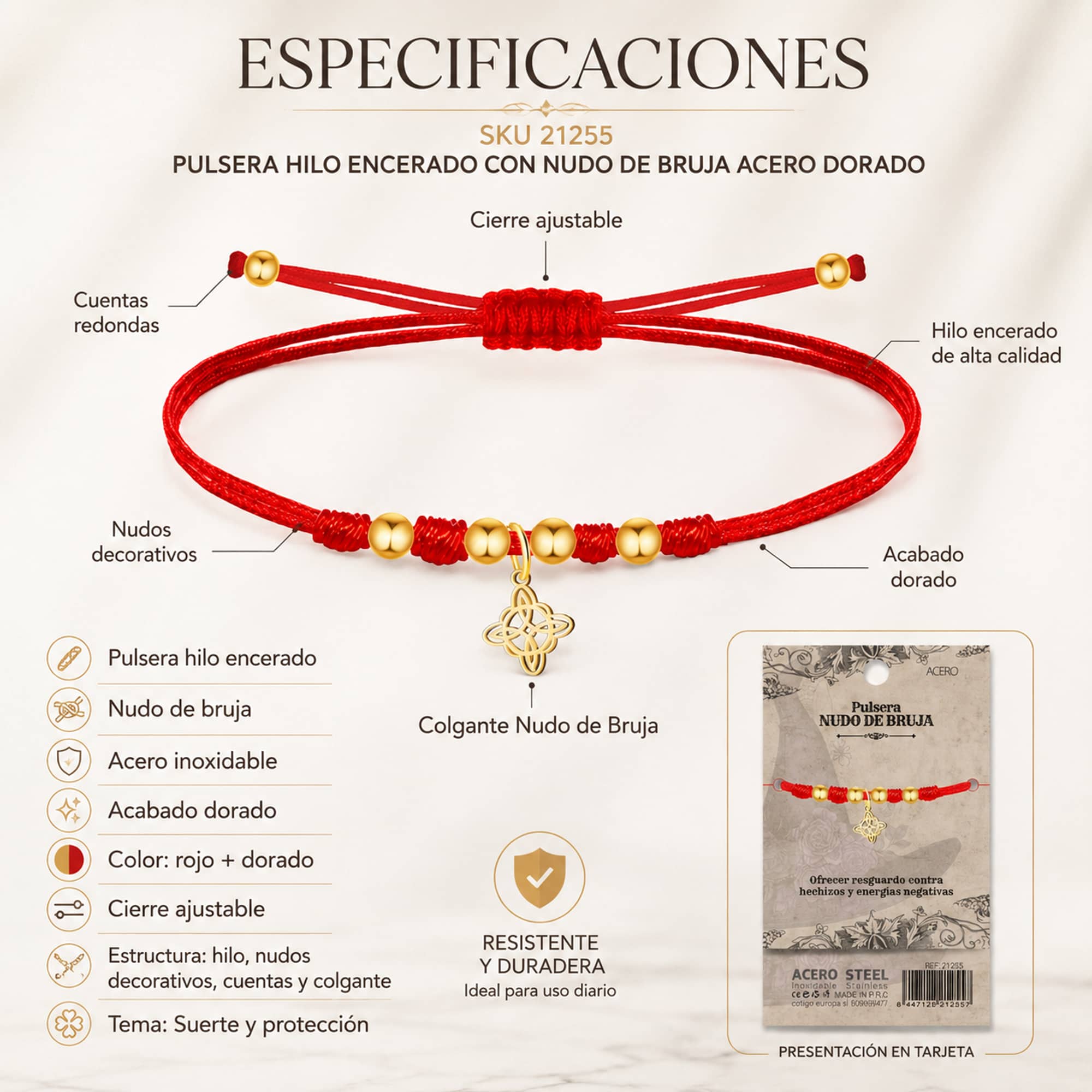 PULSERA HILO ENCERADO CON NUDO DE BRUJA ACERO DORADO