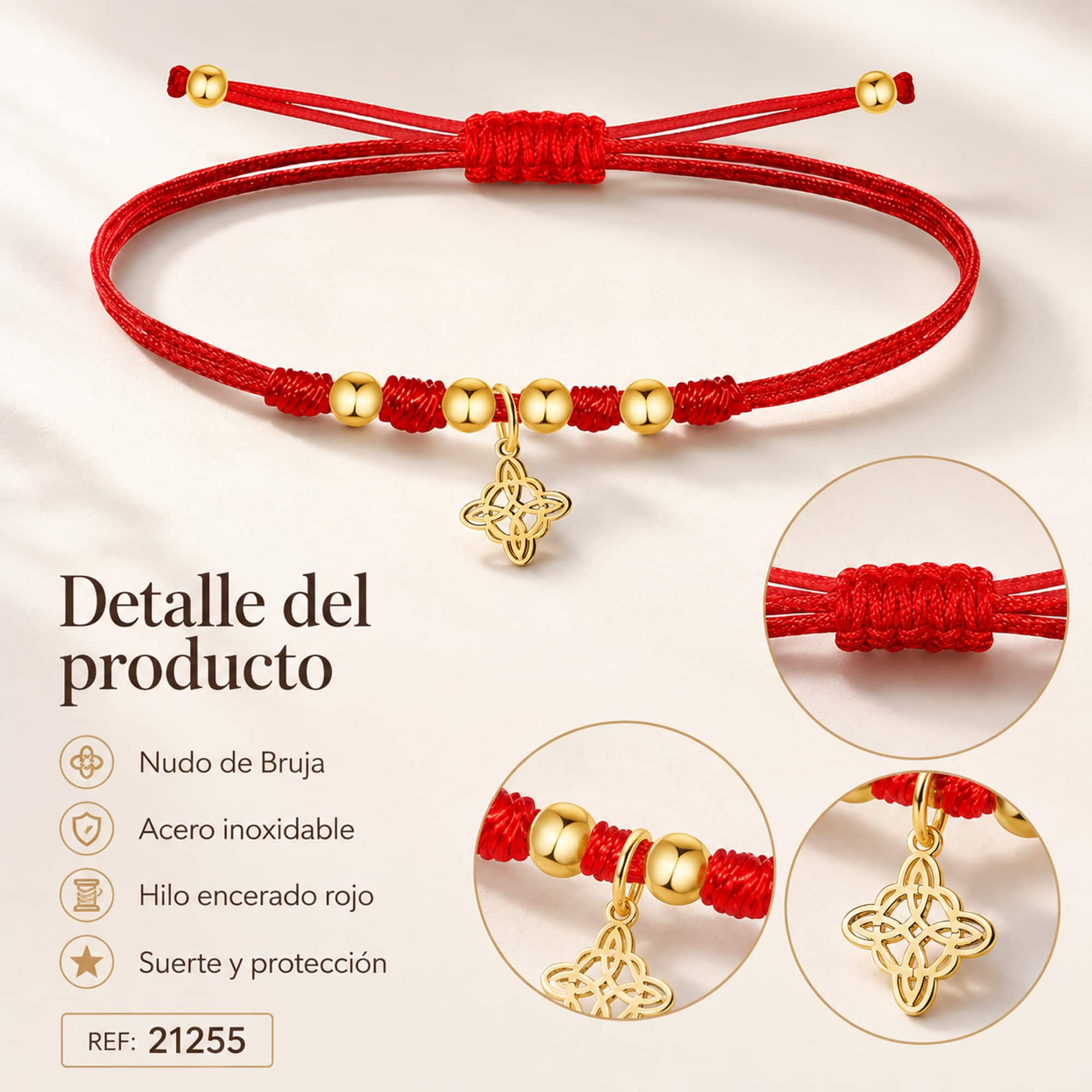 PULSERA HILO ENCERADO CON NUDO DE BRUJA ACERO DORADO