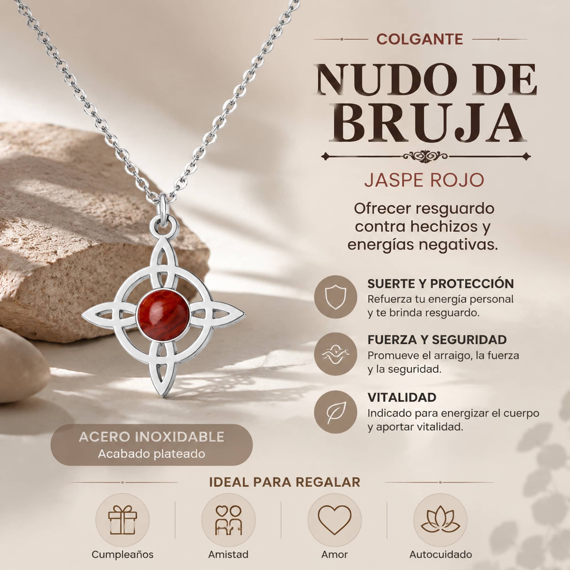 COLGANTE NUDO DE BRUJA ACERO PLATEADO CON JASPE ROJO