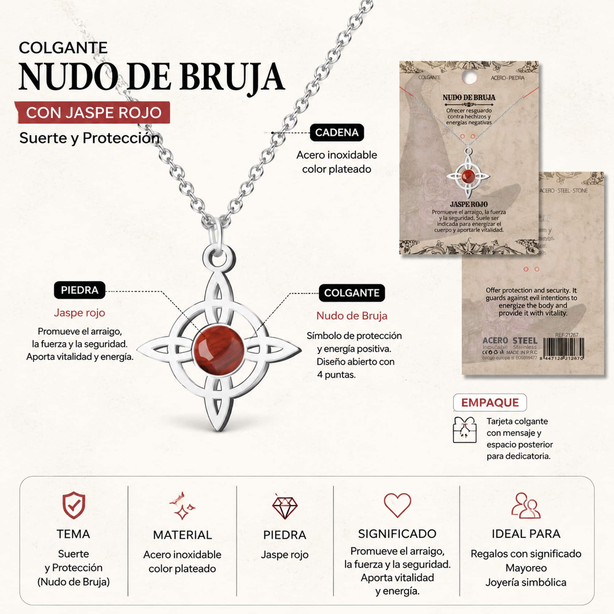 COLGANTE NUDO DE BRUJA ACERO PLATEADO CON JASPE ROJO