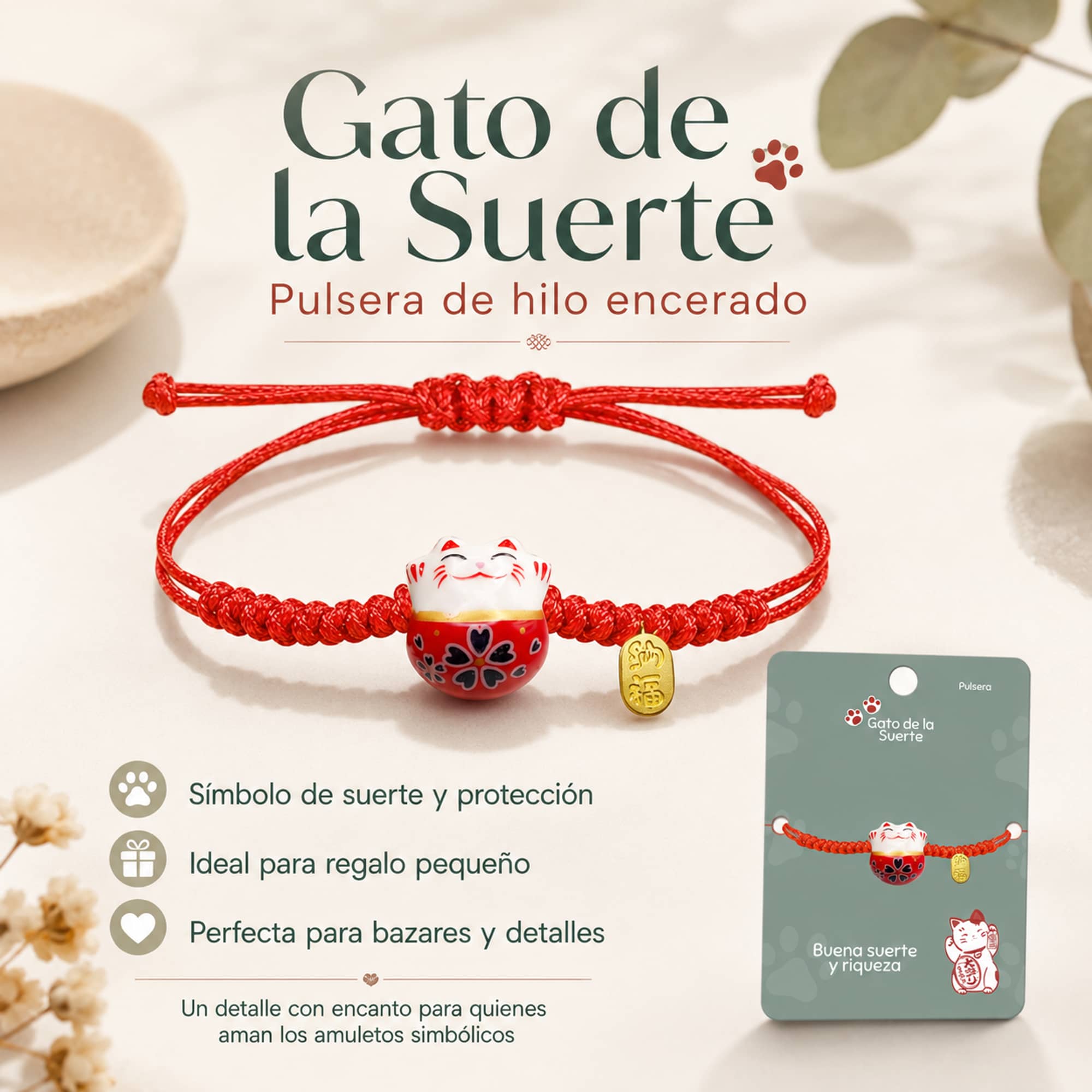 PULSERA HILO ENCERADO CON GATO DE SUERTE