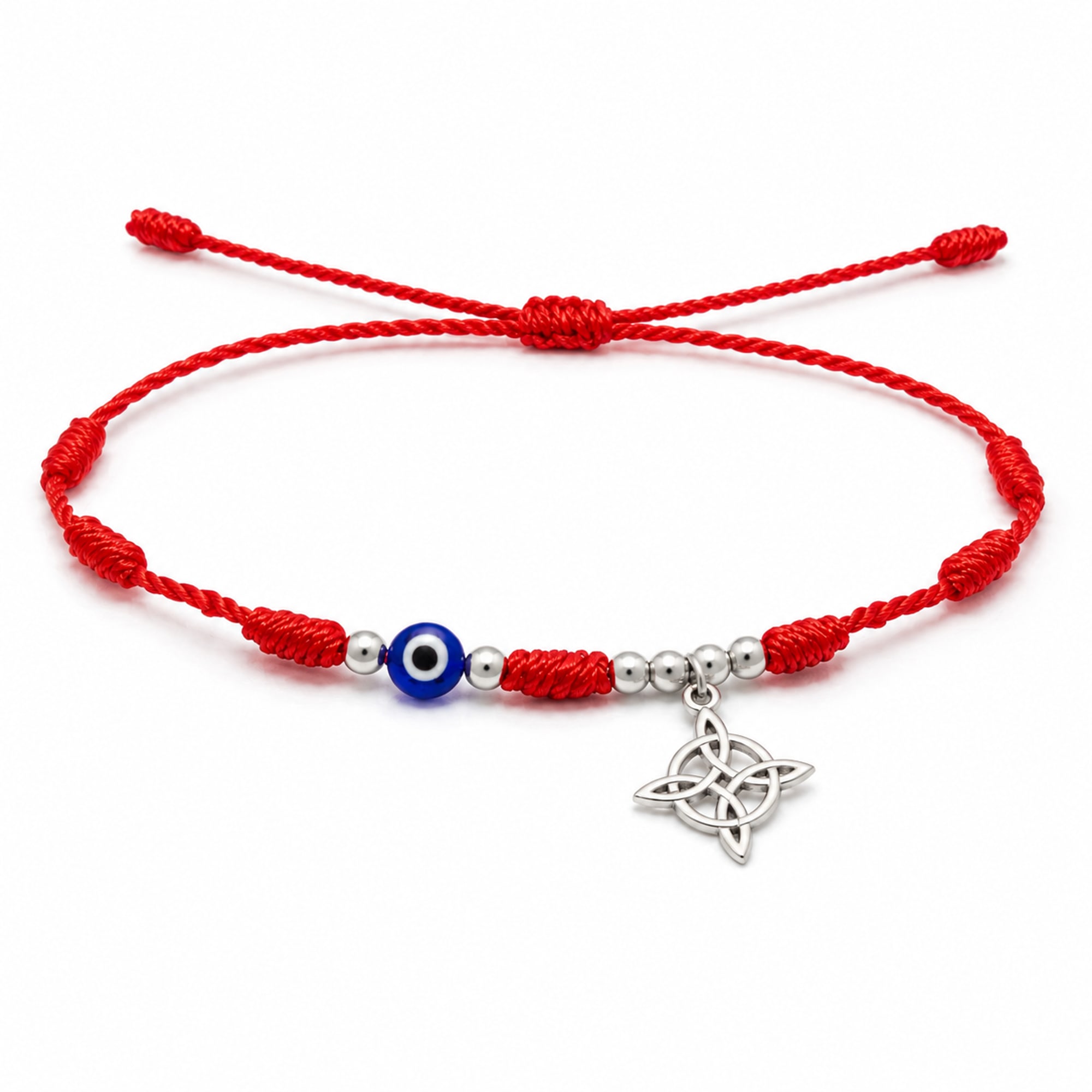 PULSERA 7 NUDOS CON OJO DE TURCO Y NUDO DE BRUJA ACERO PLATEADO