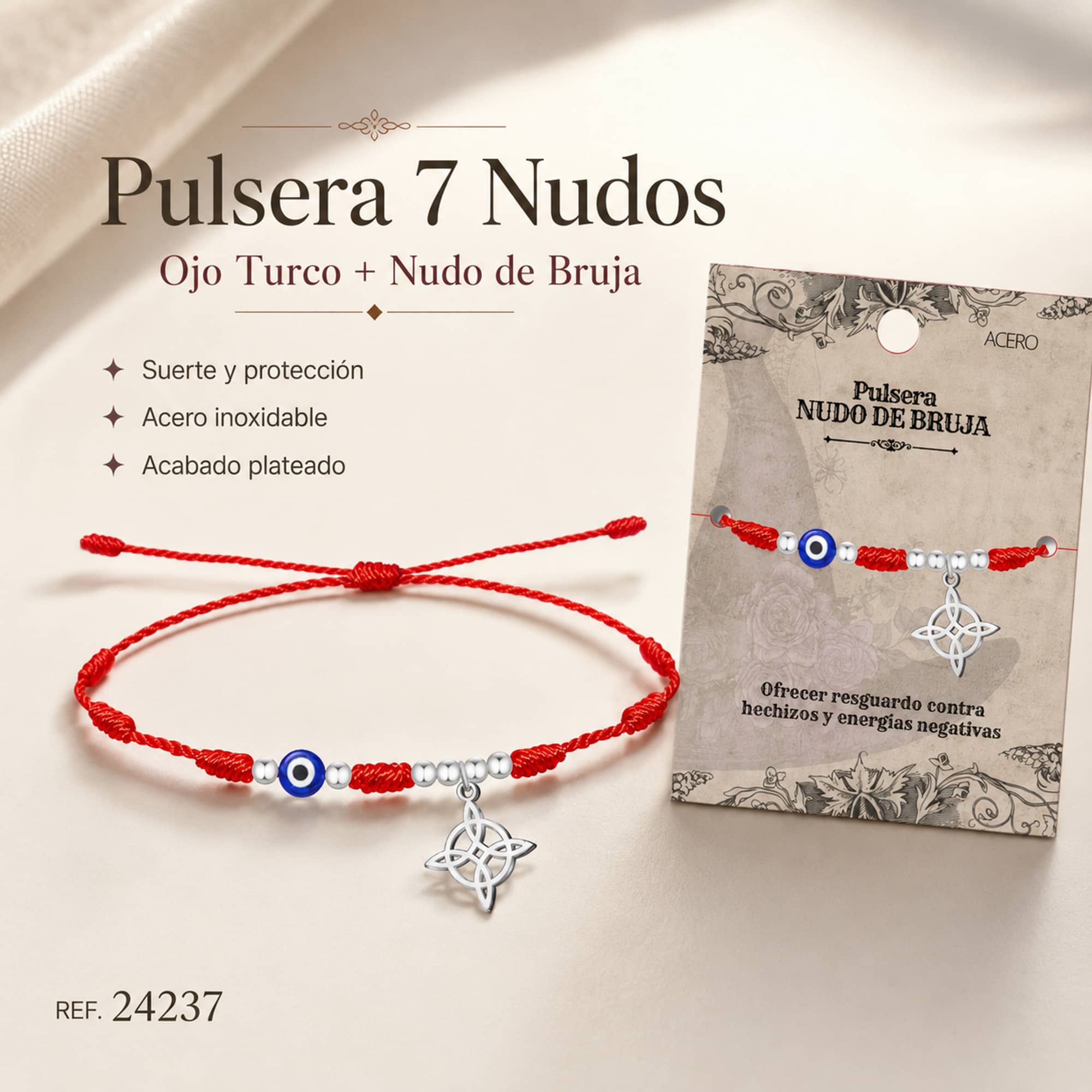 PULSERA 7 NUDOS CON OJO DE TURCO Y NUDO DE BRUJA ACERO PLATEADO