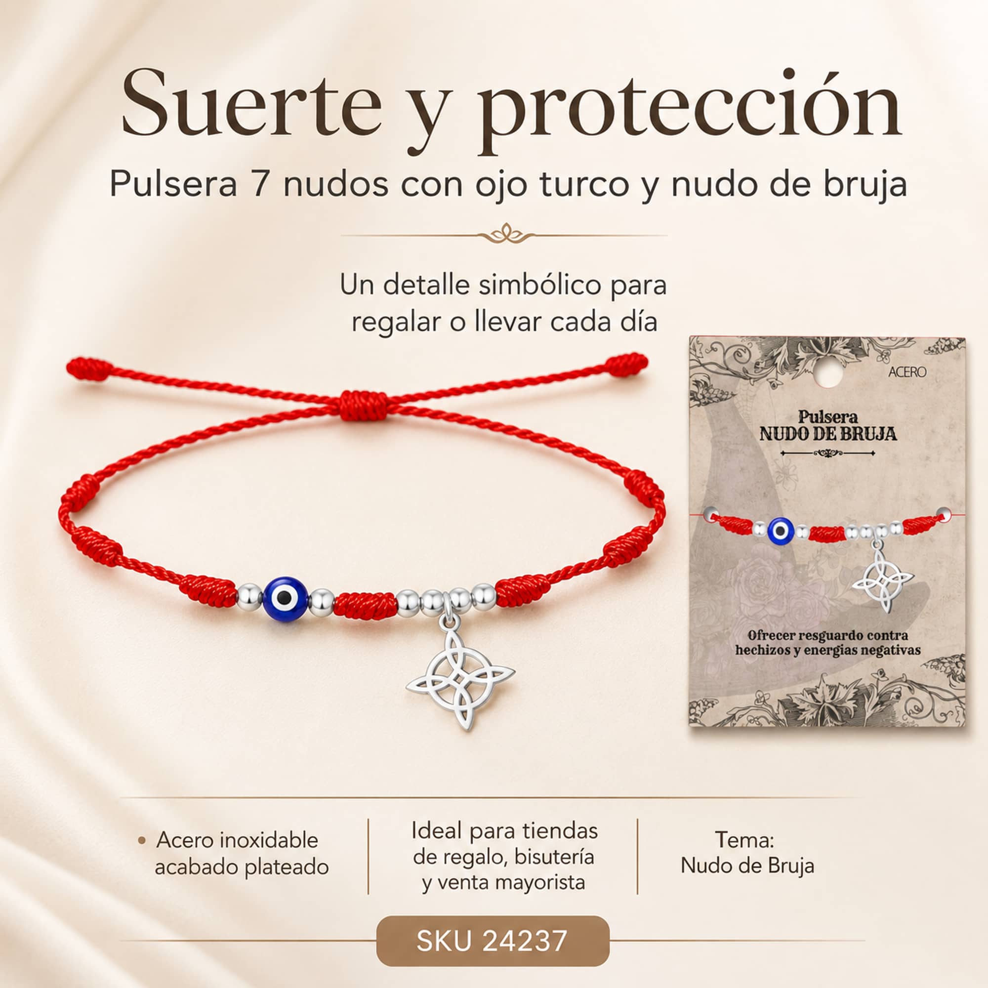 PULSERA 7 NUDOS CON OJO DE TURCO Y NUDO DE BRUJA ACERO PLATEADO