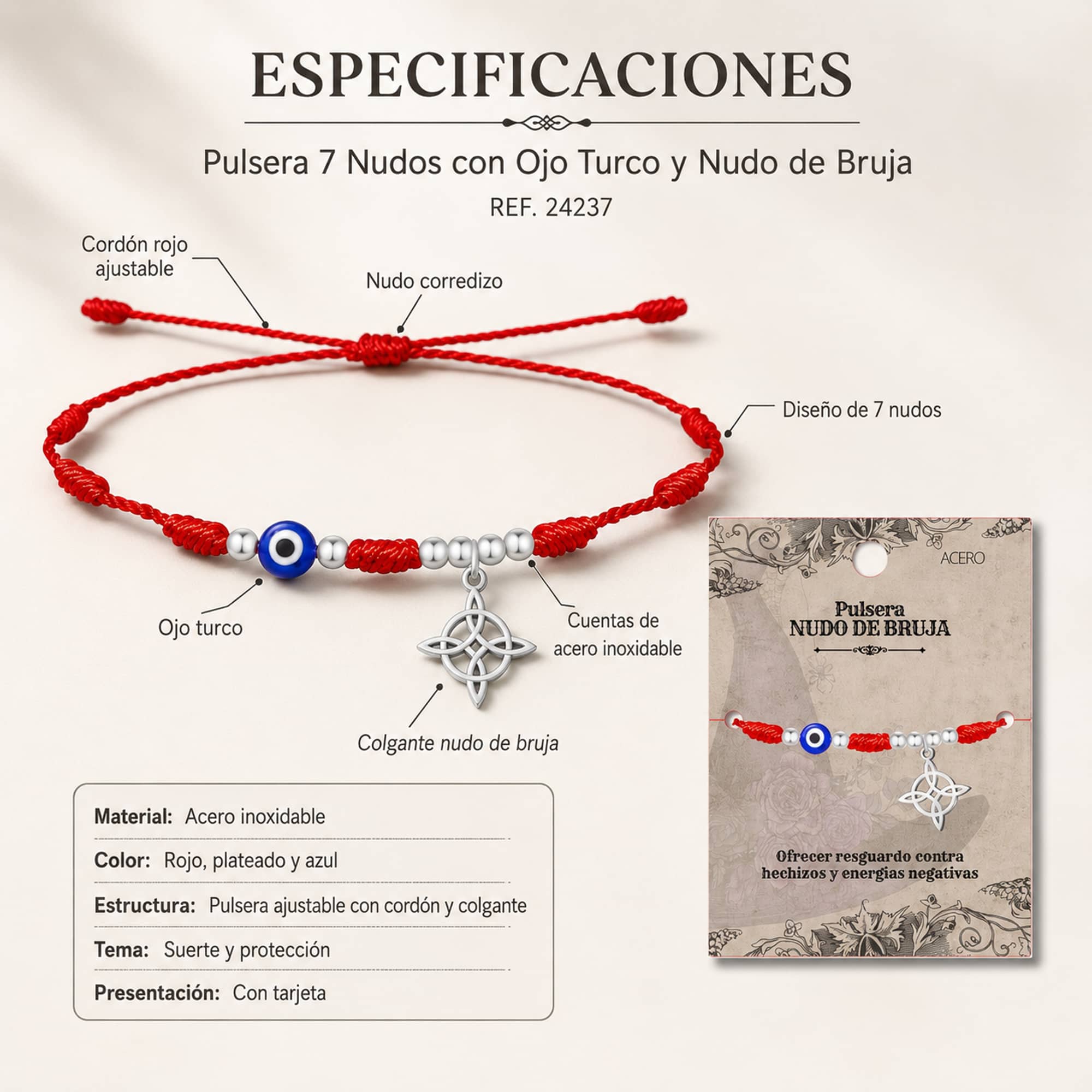 PULSERA 7 NUDOS CON OJO DE TURCO Y NUDO DE BRUJA ACERO PLATEADO