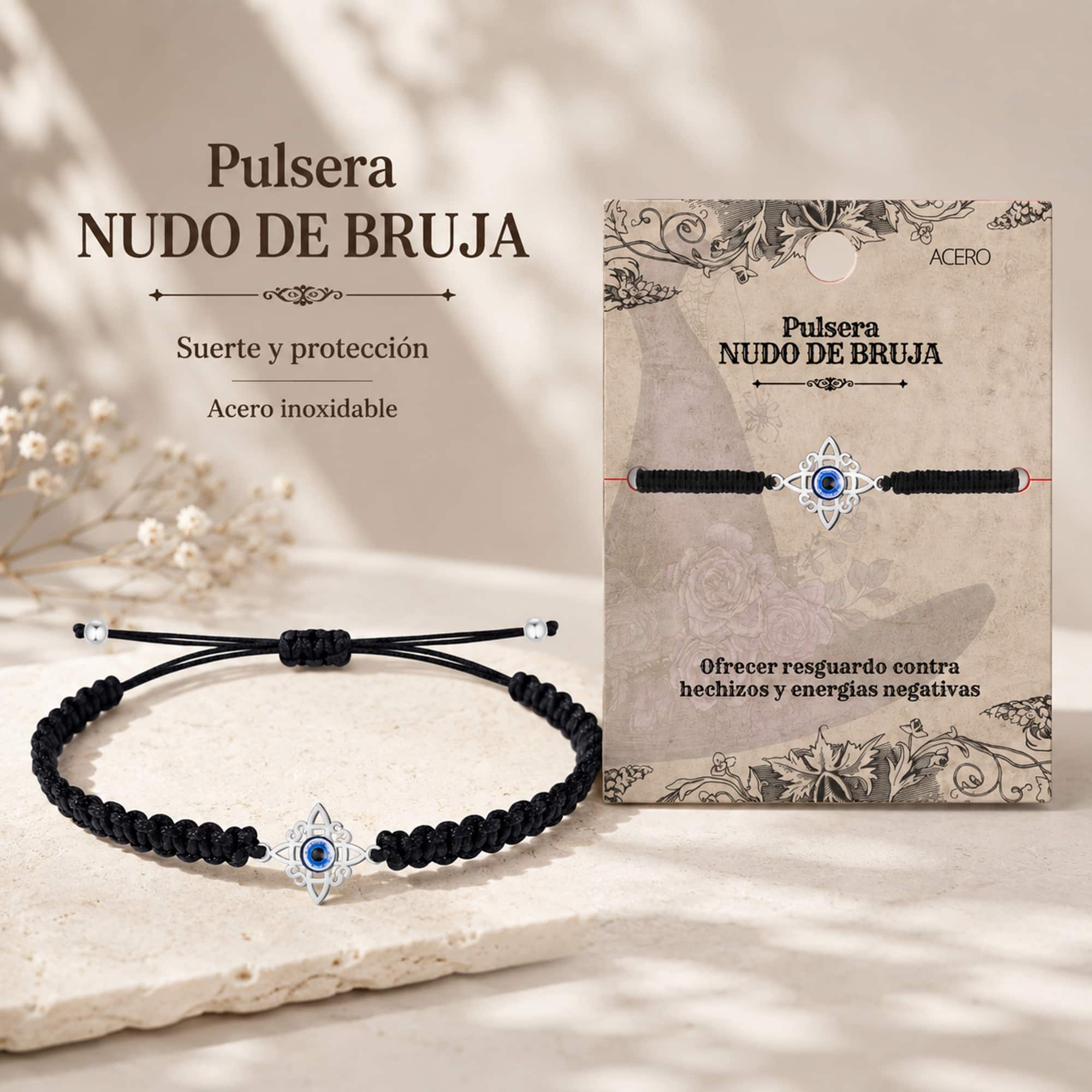 PULSERA HILO DESTINO CON NUDO DE BRUJA ACERO PLATEADO