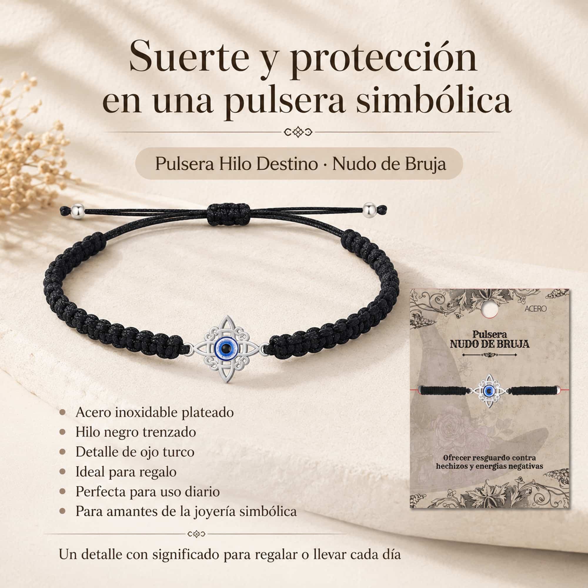 PULSERA HILO DESTINO CON NUDO DE BRUJA ACERO PLATEADO
