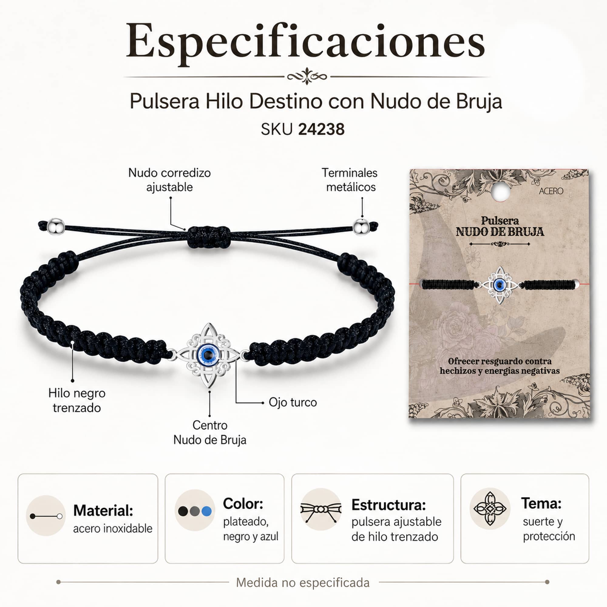 PULSERA HILO DESTINO CON NUDO DE BRUJA ACERO PLATEADO