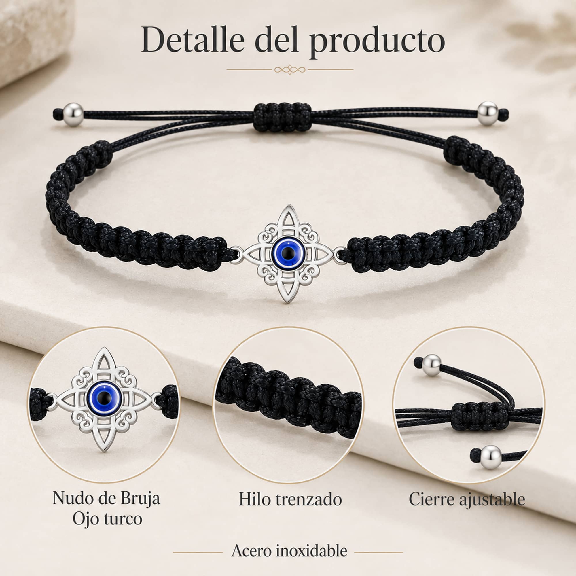 PULSERA HILO DESTINO CON NUDO DE BRUJA ACERO PLATEADO