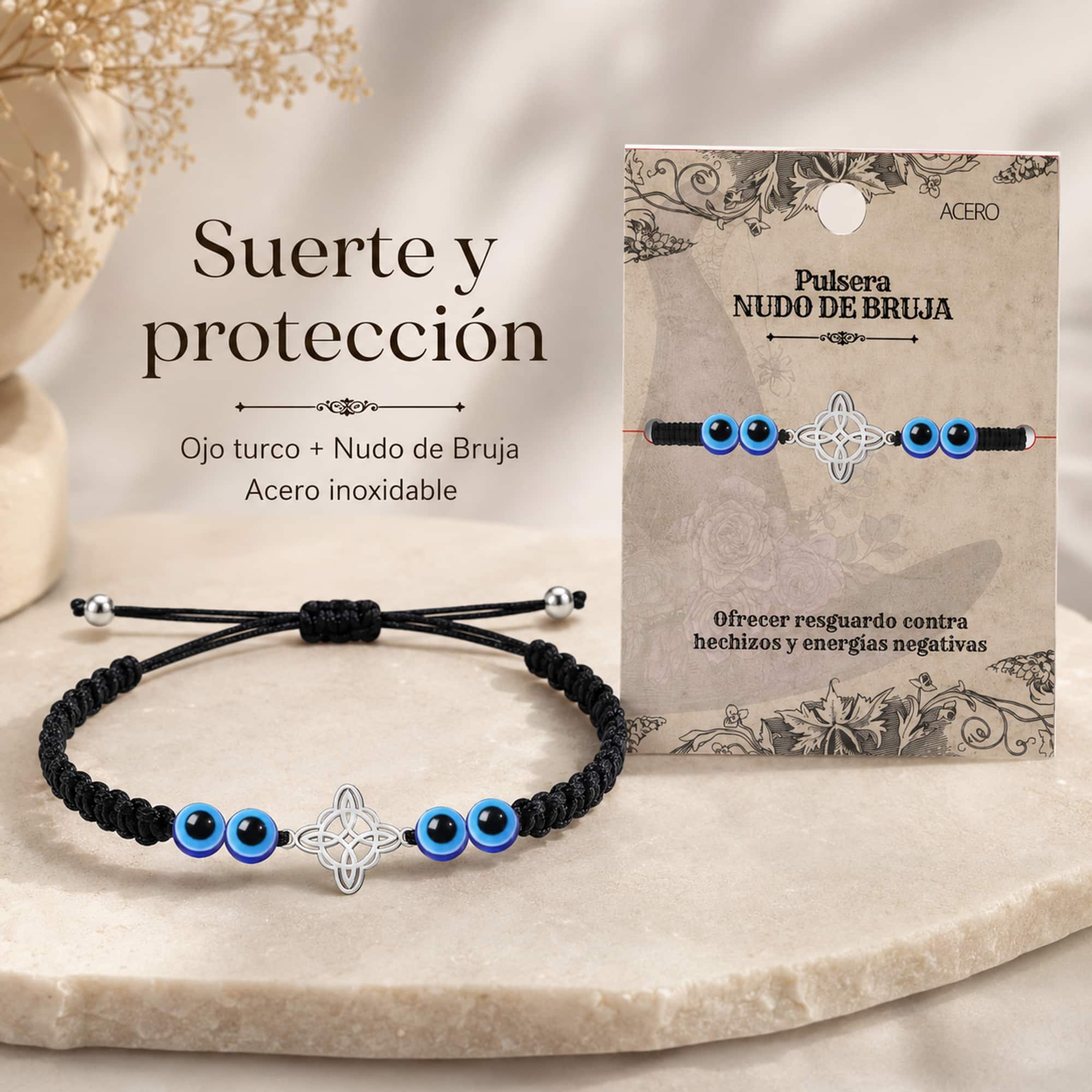 PULSERA HILO DESTINO CON OJO DE TUCO YNUDO DE BRUJA ACERO PLATEADO