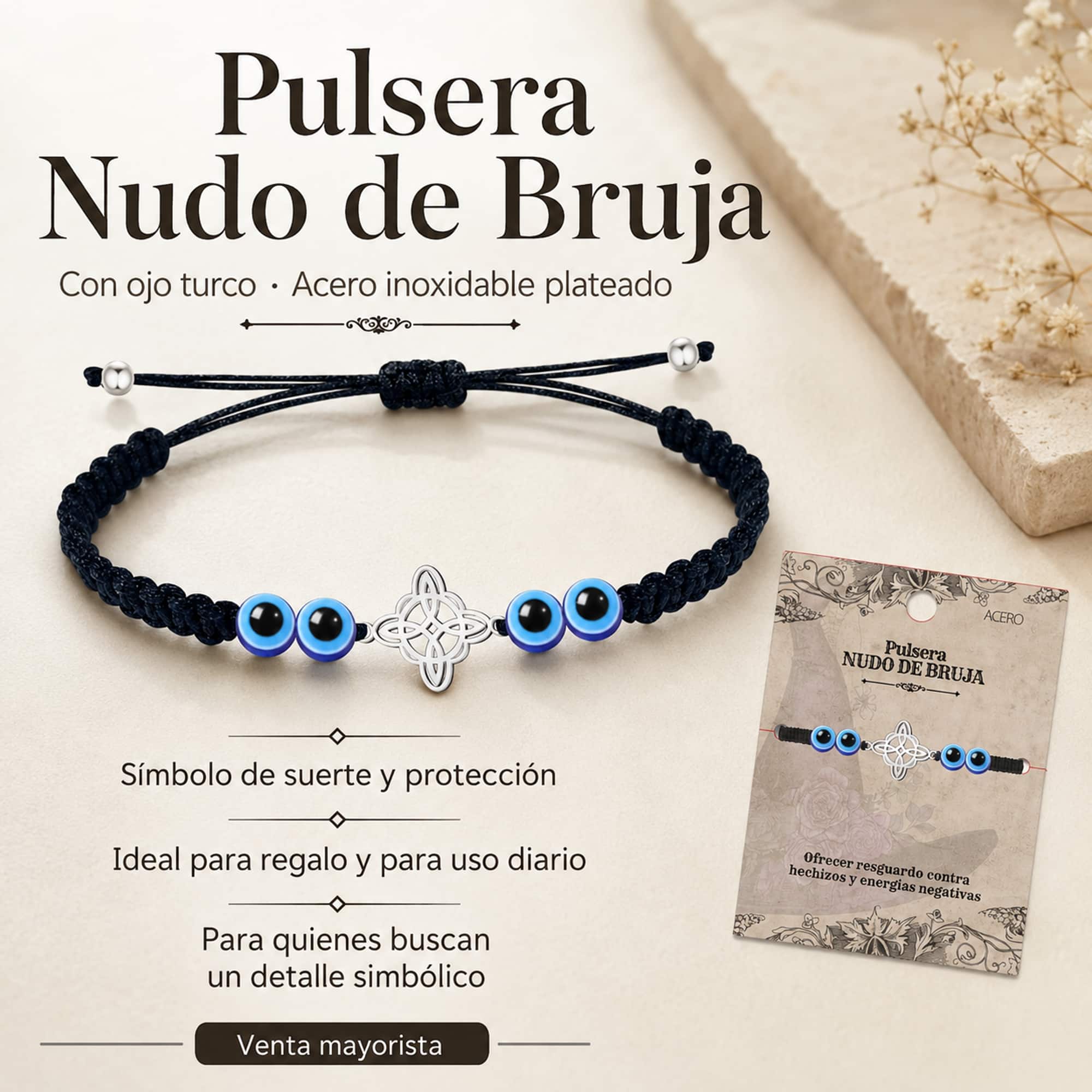 PULSERA HILO DESTINO CON OJO DE TUCO YNUDO DE BRUJA ACERO PLATEADO