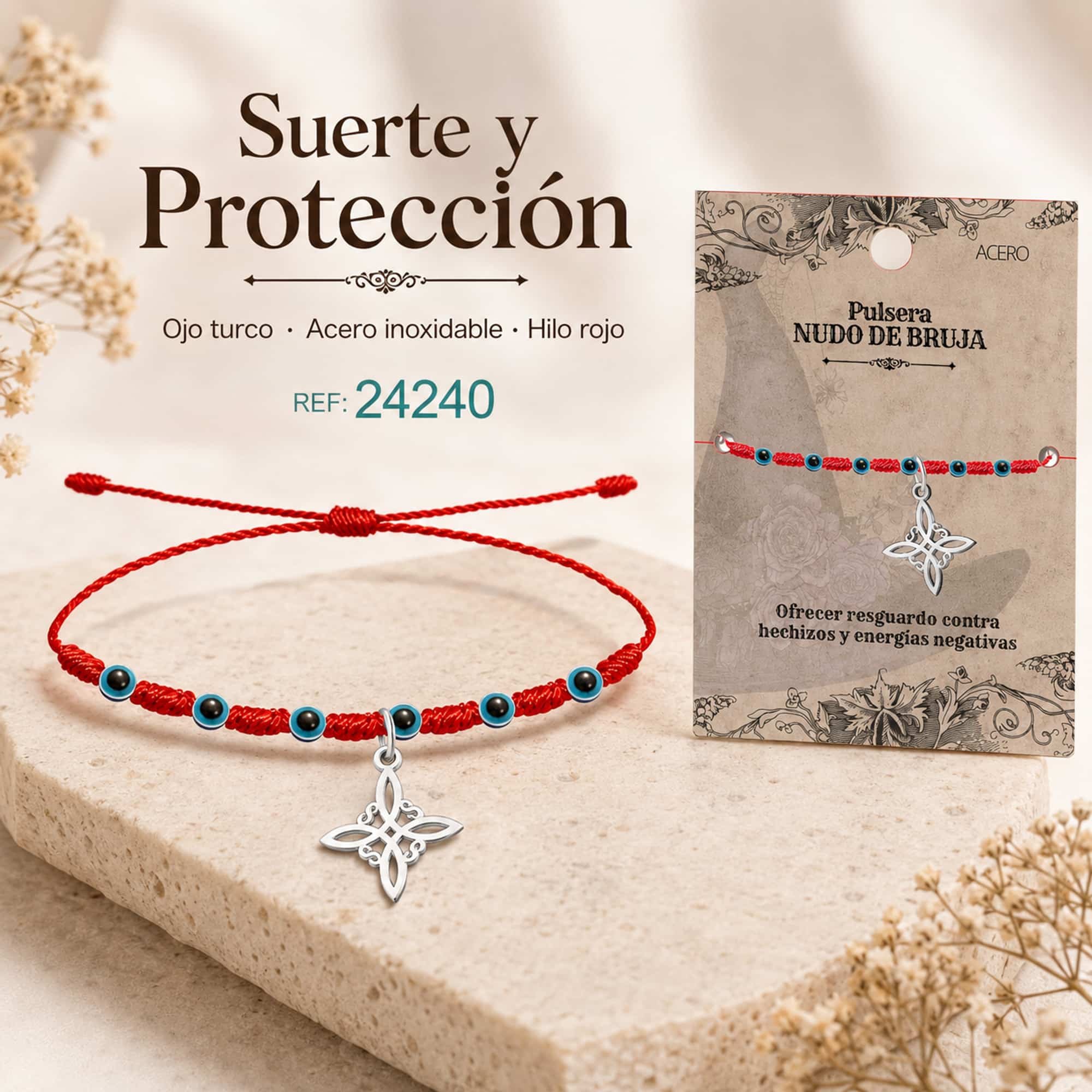 PULSERA 7 NUDOS CON OJO DE TURCO Y NUDO DE BRUJA ACERO PLATEADO