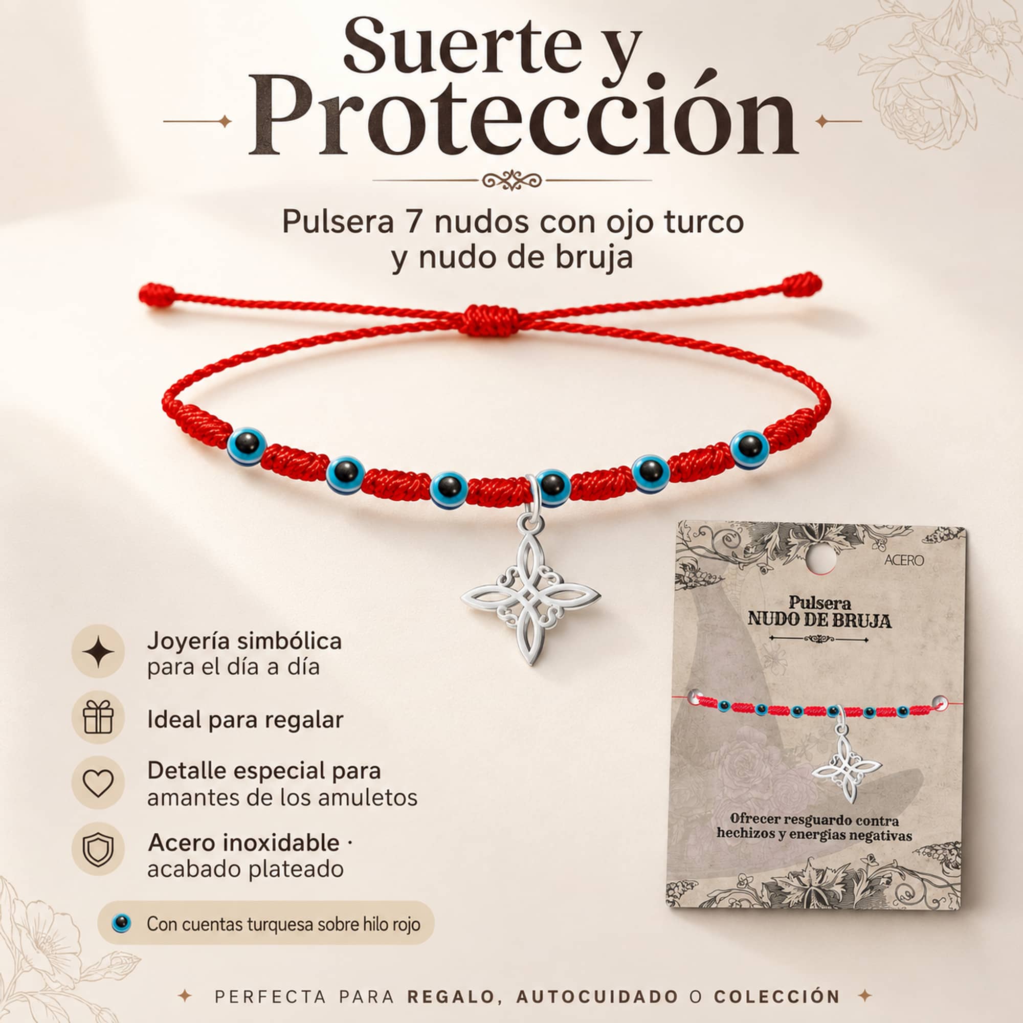 PULSERA 7 NUDOS CON OJO DE TURCO Y NUDO DE BRUJA ACERO PLATEADO